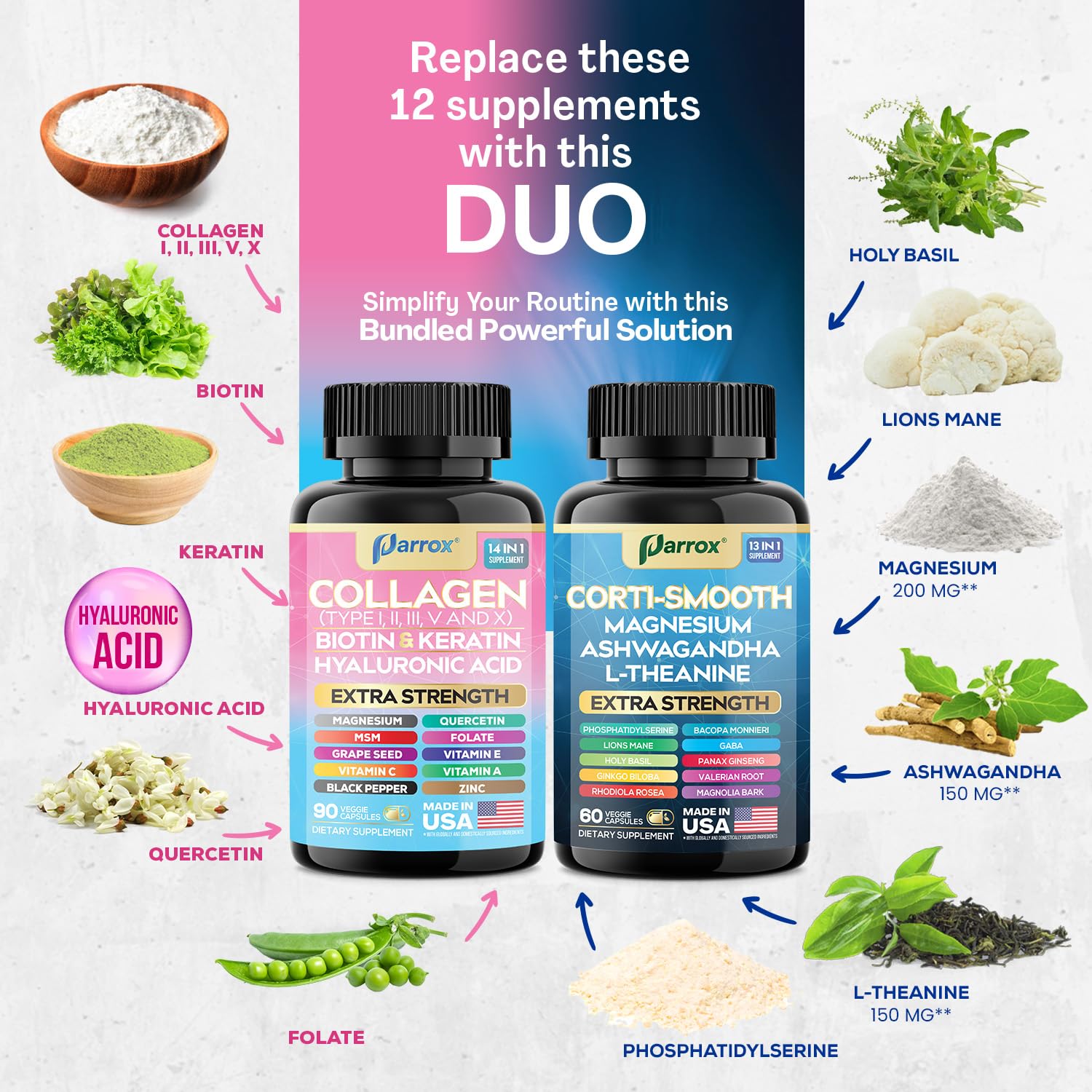 Parrox Shining Serenity Set, Cortisol Support with Ashwagandha, L-Theanine, Magnesium, Lions Mane, GABA, Bacopa Monnieri, Collagen I, II, III, V, X, Folate, Biotin, Keratin, Hyaluronic Acid, Quercetin Parrox uk supplements
