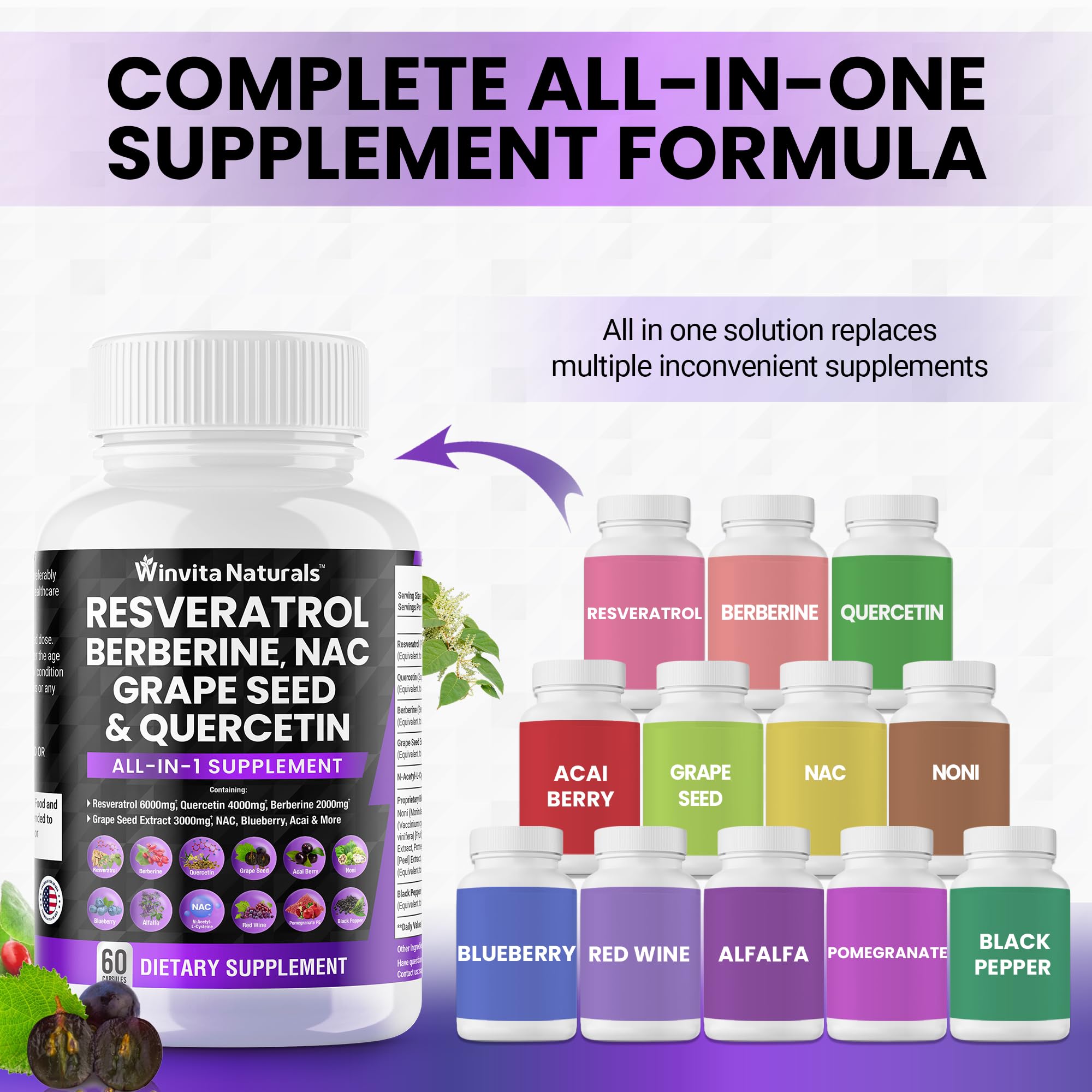 Resveratrol 6000mg Quercetin 4000mg Berberine 2000mg Grape Seed Extract 3000mg Winvita Naturals uk supplements