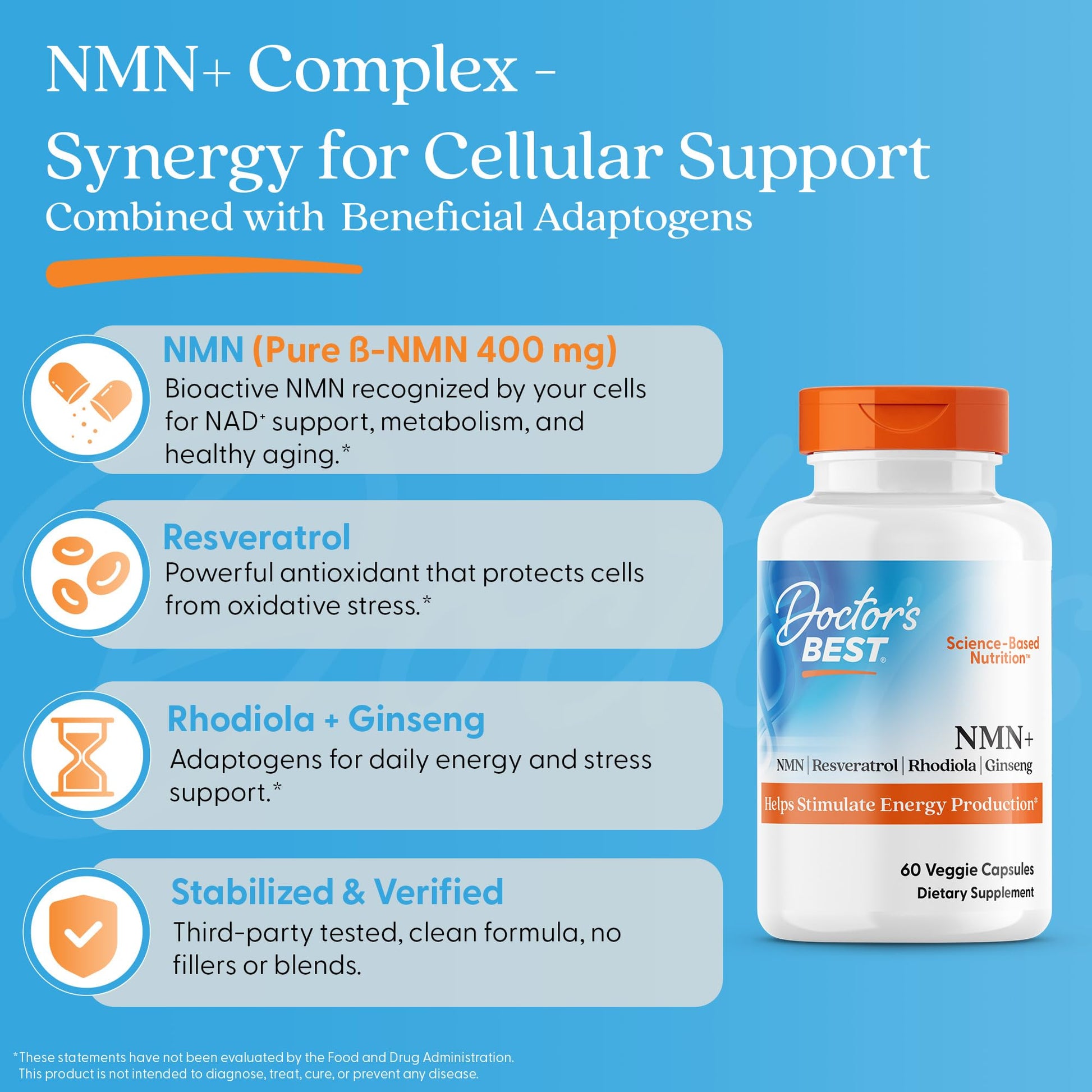 Doctor's Best NMN+ Complex Supplement Capsules for Women & Men - Supports NAD+ Production, Resveratrol 100mg & Beta Nicotinamide Mononucleotide 200mg per Capsule, Cellular Energy Support - 60 Veg Caps Doctor's BEST uk supplements