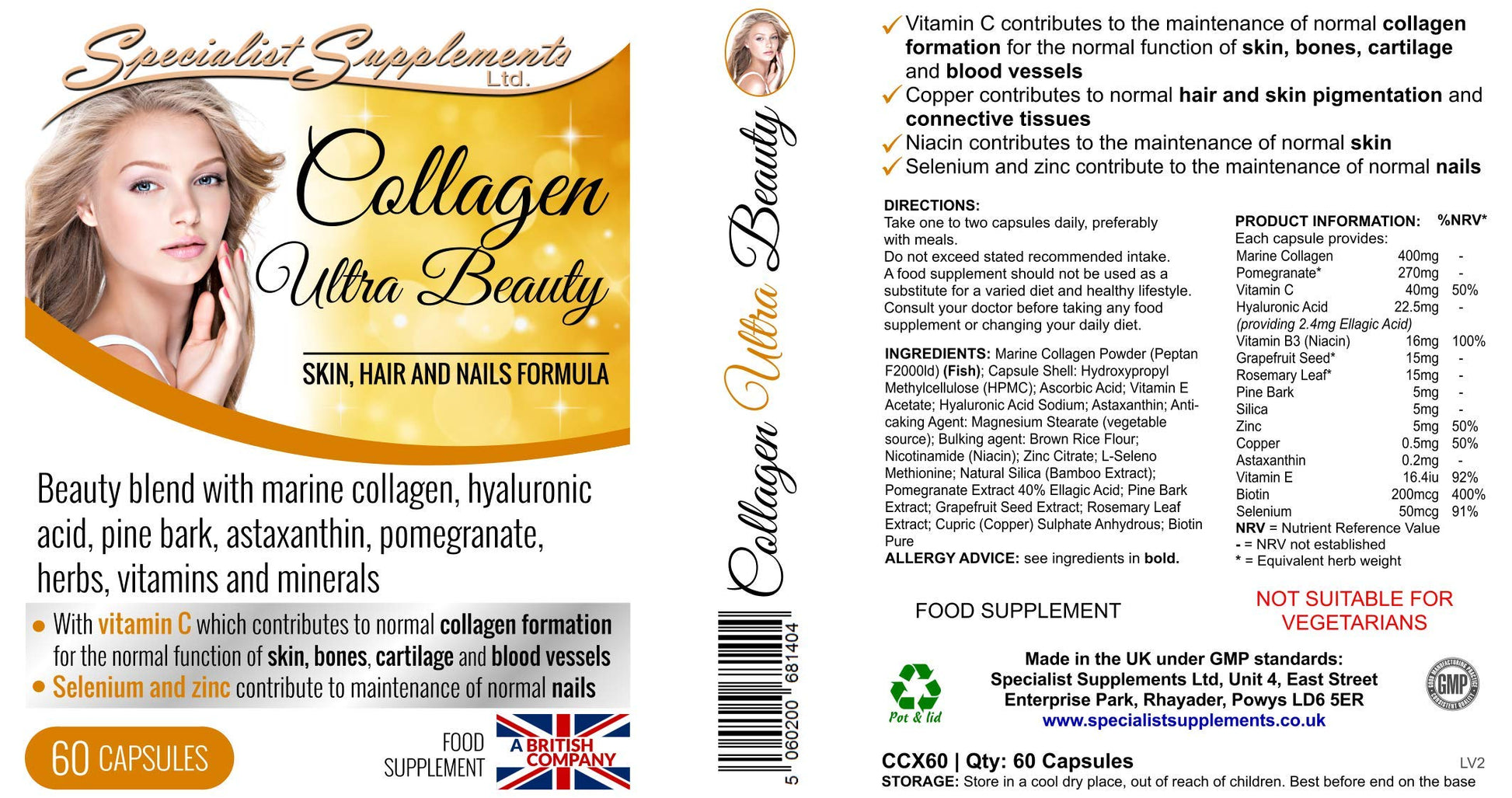 Specialist Supplements Collagen Ultra Beauty Marine Collagen, Hyaluronic Acid, Vitamin, Mineral Specialist Supplements uk supplements