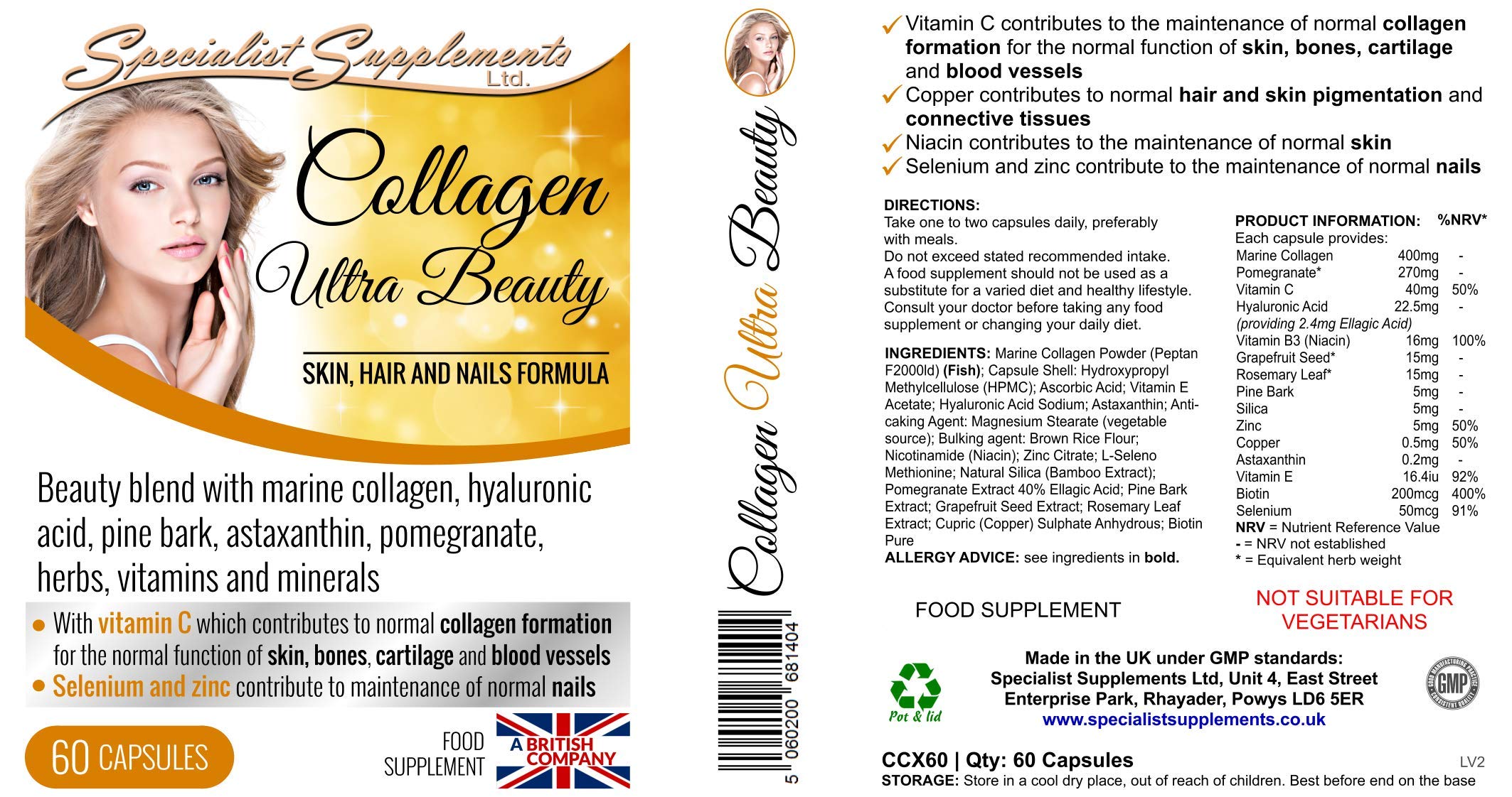 Specialist Supplements Collagen Ultra Beauty Marine Collagen, Hyaluronic Acid, Vitamin, Mineral Specialist Supplements uk supplements