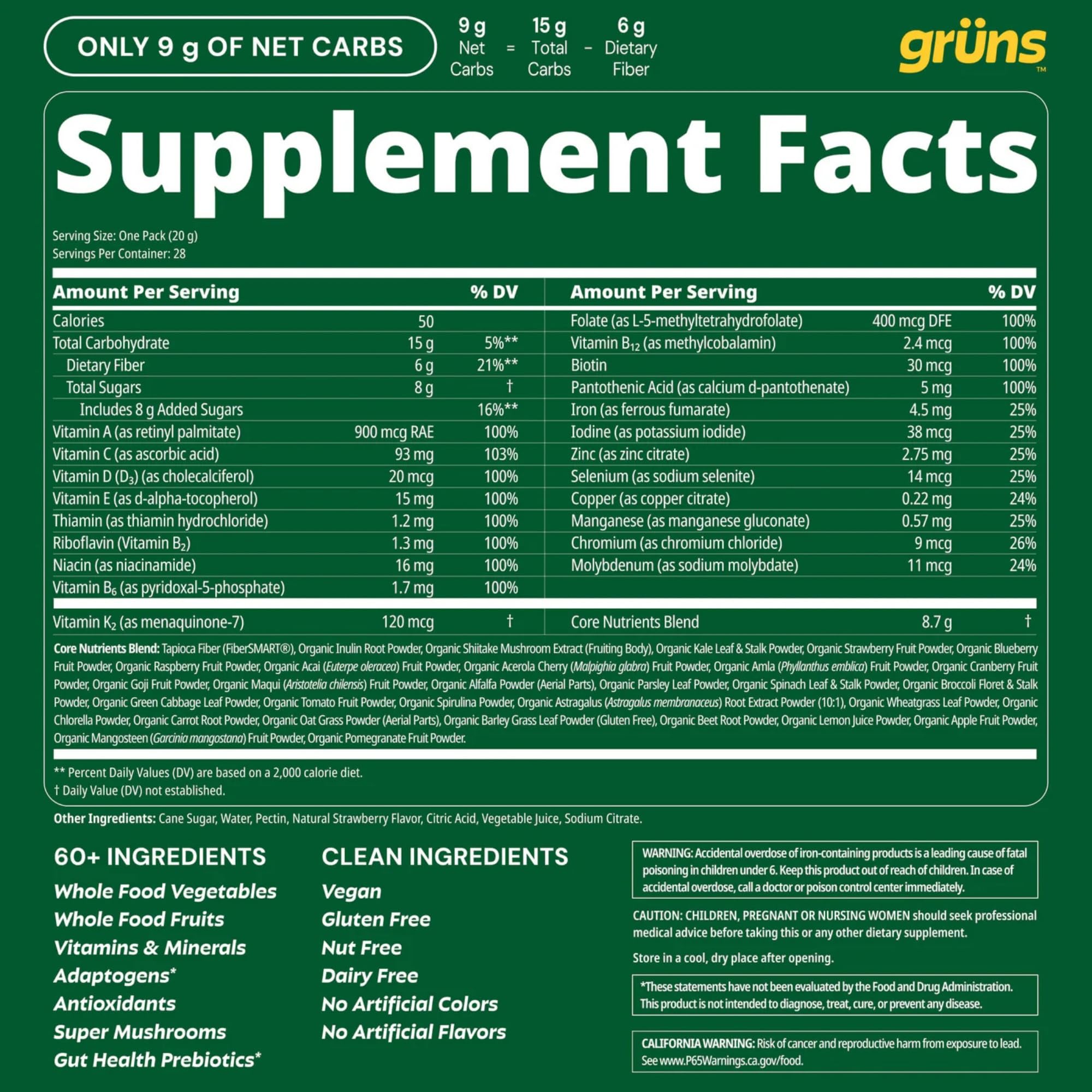 Gruns Adult Super Greens Multivitamin Gummies, Superfood Gummy Vitamins for Women and Men with Spirulina, Chlorella, Adaptogens & Prebiotic Fiber for Digestive Health (28 Count) Grüns uk supplements