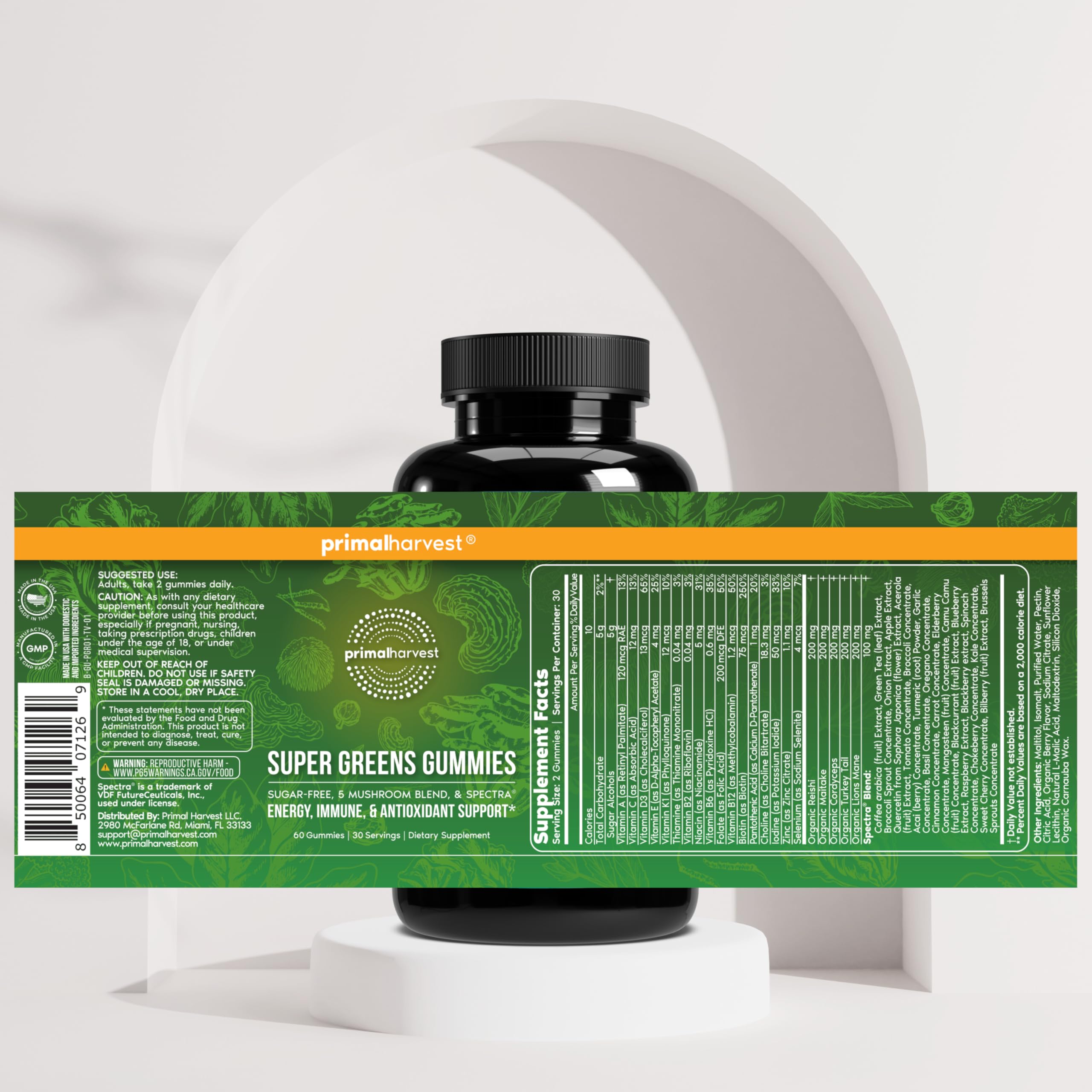 Primal Harvest Super Greens Gummies, Superfood Blend with Adaptogenic Mushrooms Vitamins & Nutrient-Rich Minerals & Antioxidants for Energy & Immune Support 1 Pack 60 Count, Primal Harvest uk supplements