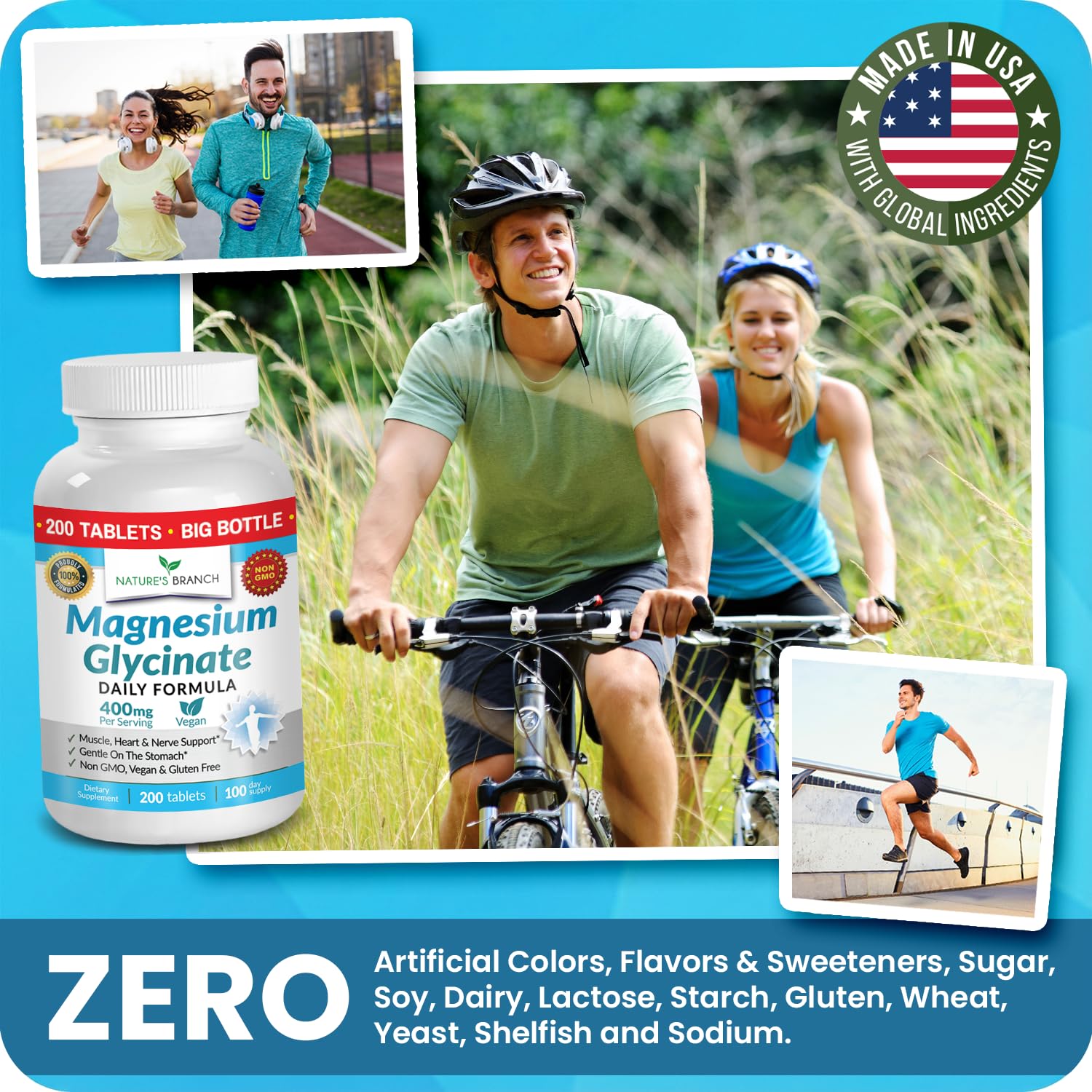 Magnesium Glycinate 400mg | 200 Tablets | High Absorption Mag Supplements for Sleep, Leg Cramps, Heart, Muscle, Calm | Non Buffered Bisglycinate, Extra Strength for Women and Men, Tablets Not Capsules NATURE'S BRANCH uk supplements
