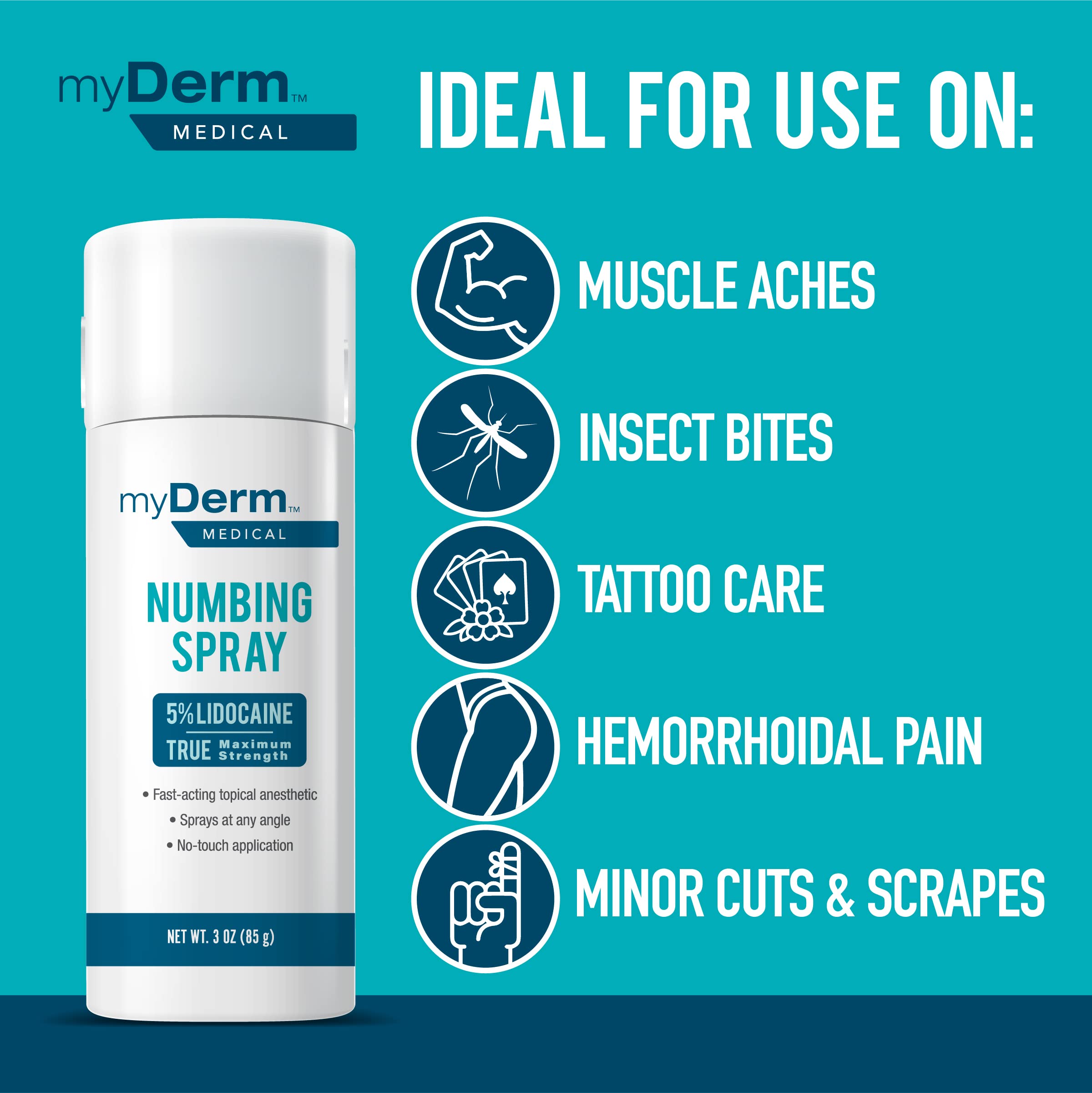 Myderm Medical Numbing Spray - 4.5oz - Maximum Strength 5% Lidocaine with Phenylephrine HCl and Witch Hazel - Fast-Acting Reliever with A Touch-Free Application - First Aid Supplies - Made in USA Myderm uk supplements
