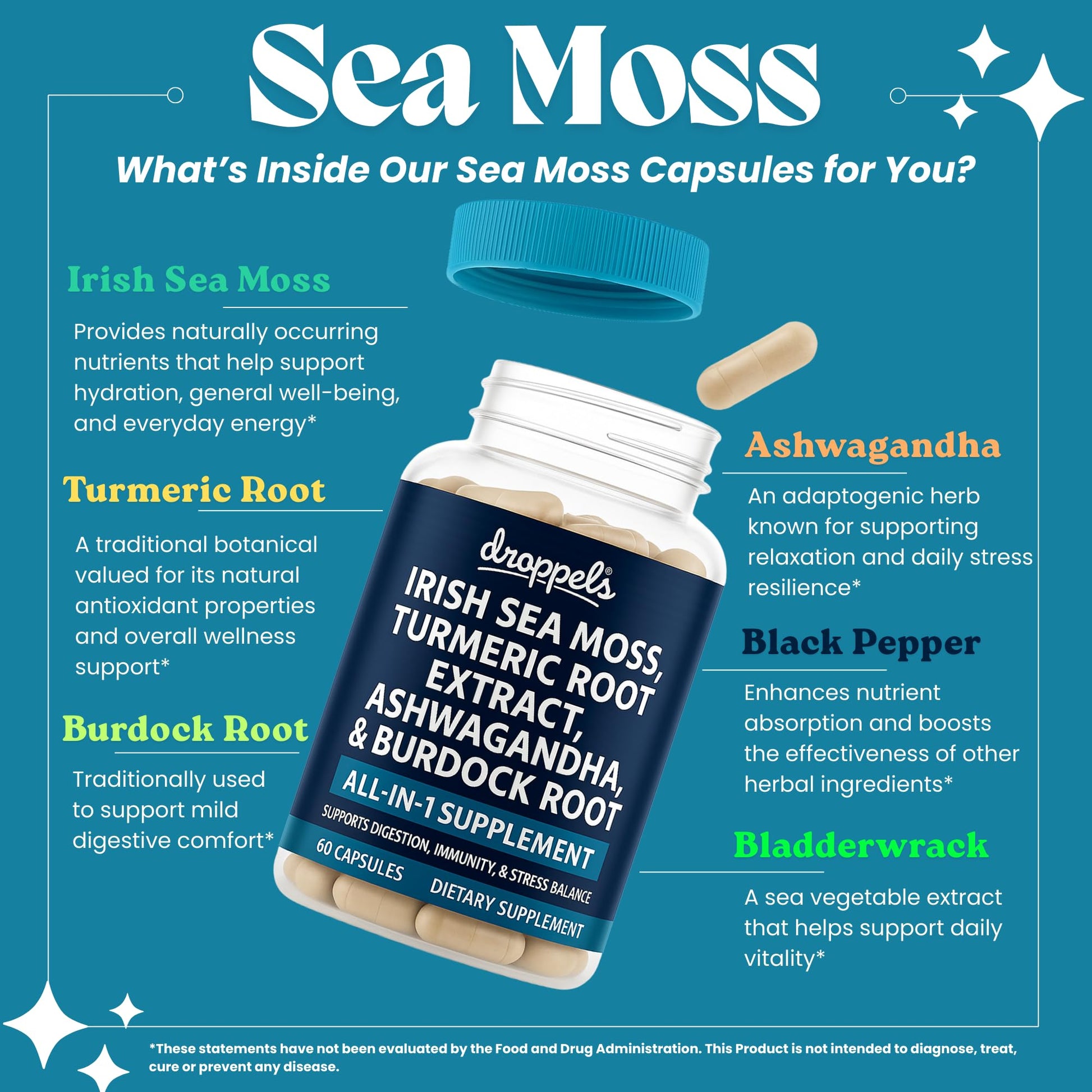 Droppels Irish Sea Moss Capsules with Turmeric Root, Ashwagandha, Black Pepper & Burdock Root – Natural Mineral Blend for Immune, Digestion, Joint & Energy Support – Vegan, Non-GMO – 60 Capsules Droppels uk supplements