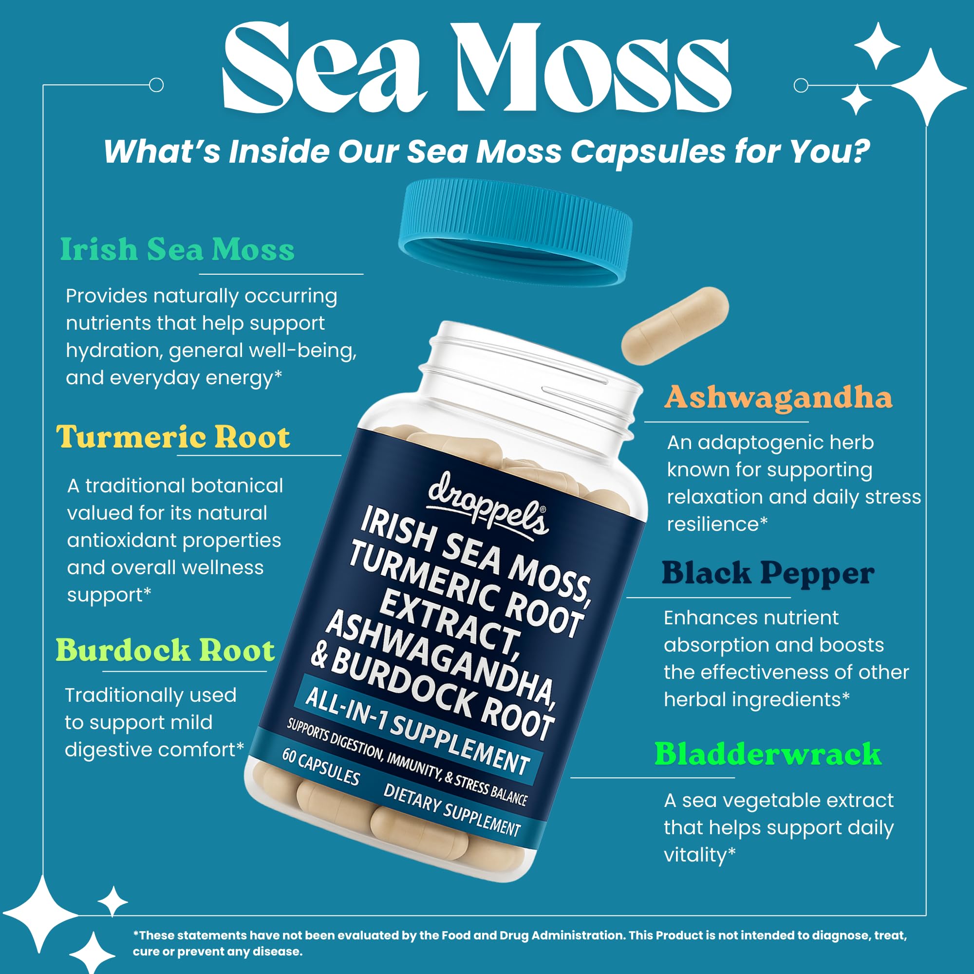 Droppels Irish Sea Moss Capsules with Turmeric Root, Ashwagandha, Black Pepper & Burdock Root – Natural Mineral Blend for Immune, Digestion, Joint & Energy Support – Vegan, Non-GMO – 60 Capsules Droppels uk supplements