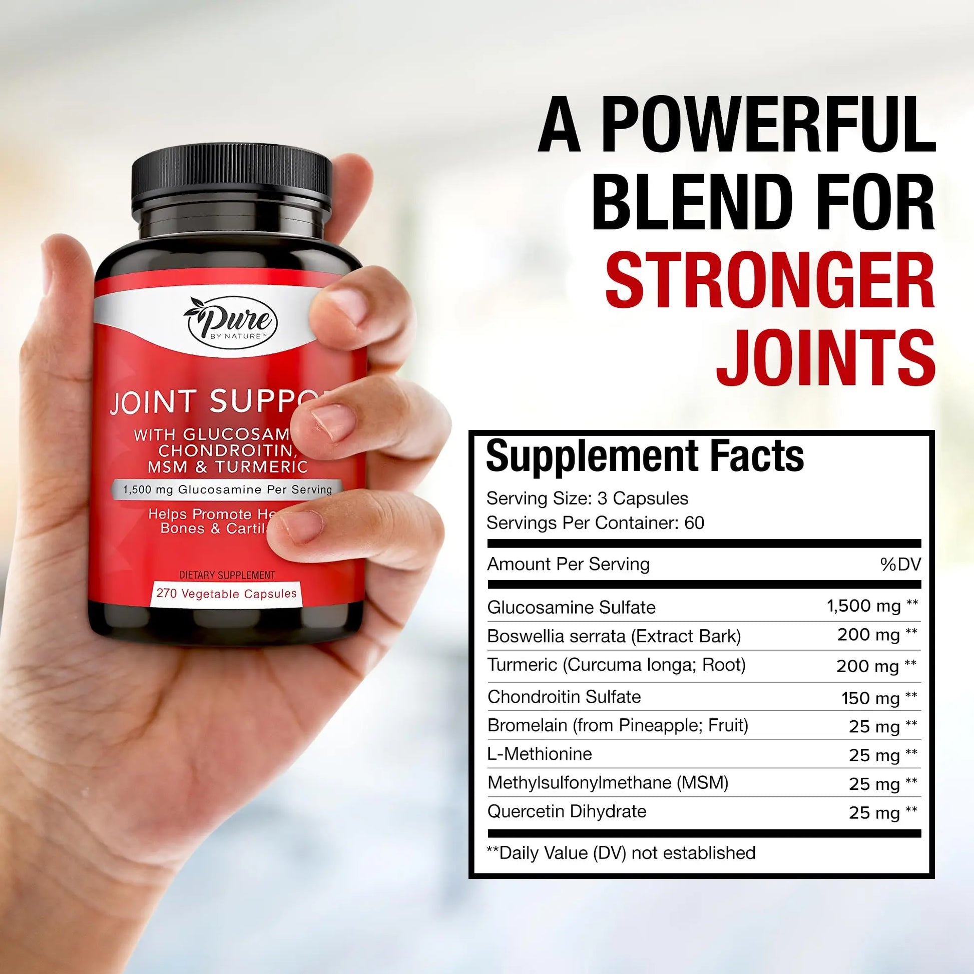 Pure By Nature Joint Support, Glucosamine with Chondroitin Turmeric MSM Boswellia Supplement, 270 Capsules Pure By Nature uk supplements
