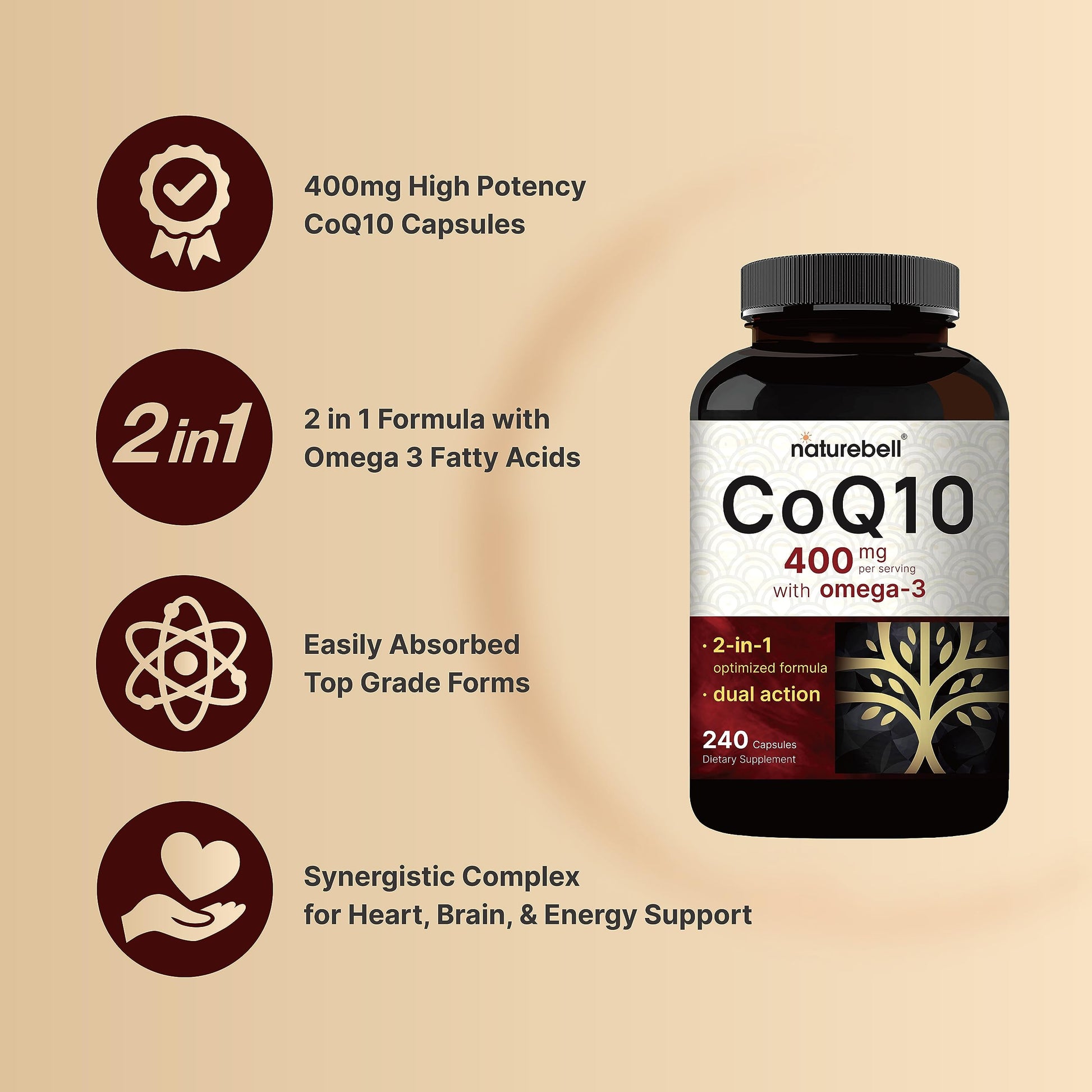 CoQ10 (Ubiquinone) 400mg with Omega 3 Fatty Acids, 240 Capsules | Stable High NatureBell uk supplements