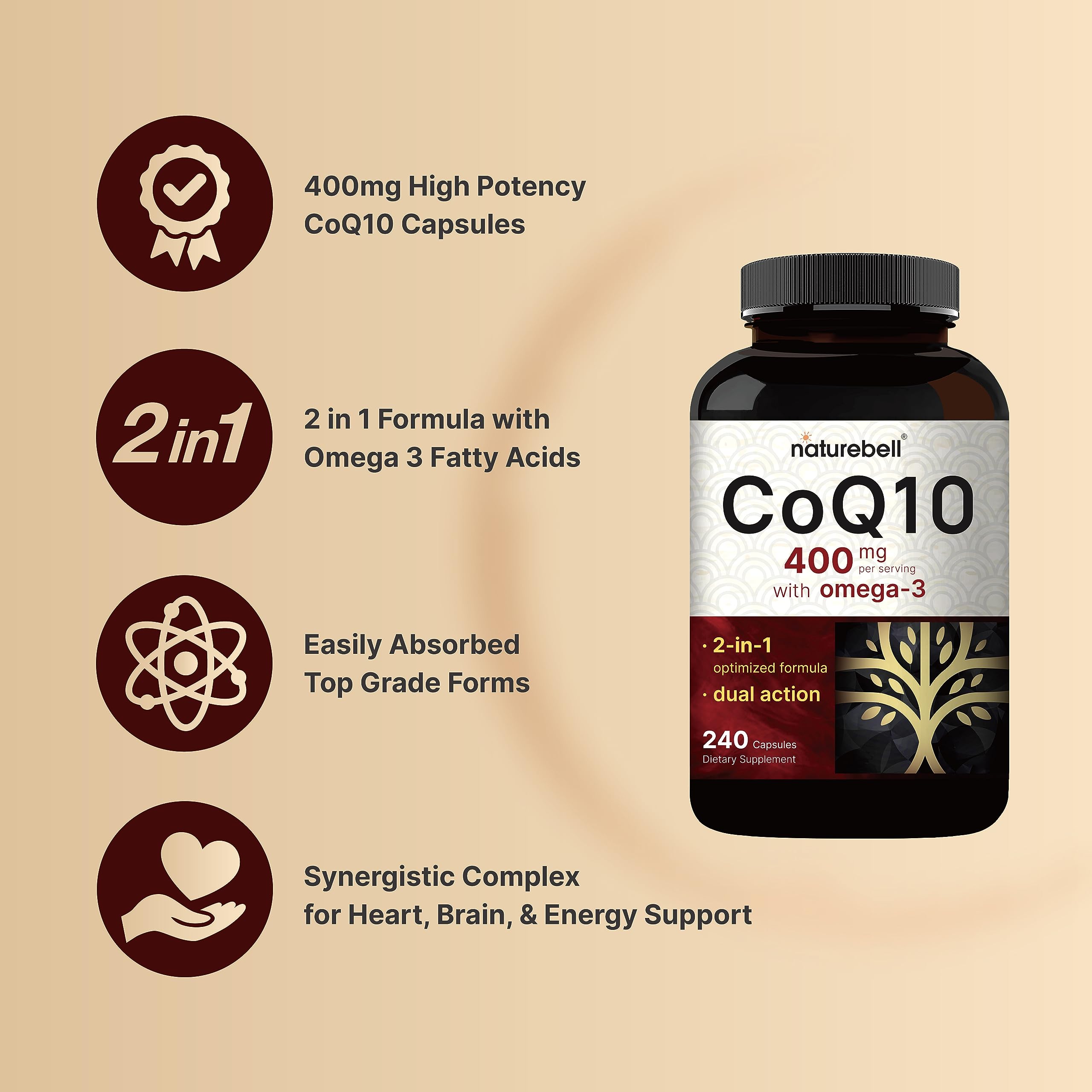 CoQ10 (Ubiquinone) 400mg with Omega 3 Fatty Acids, 240 Capsules | Stable High NatureBell uk supplements
