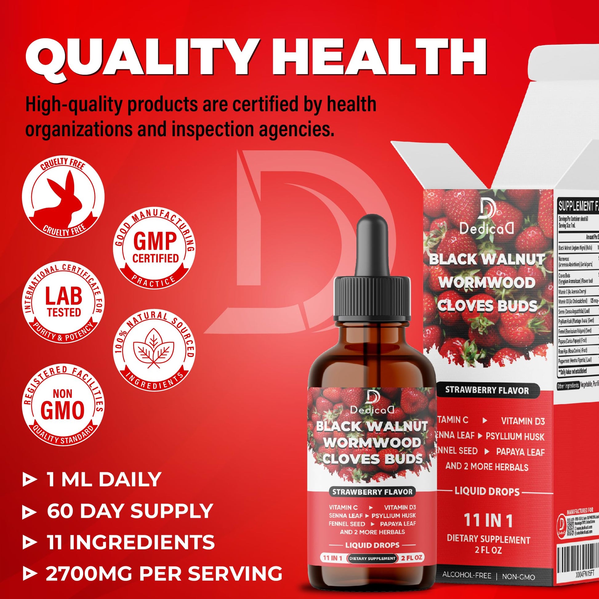 DEDICAD 11in1 Black Walnut Wormwood Cloves Liquid Drops with Cloves Buds, Senna Leaf, Psyllium Husk, Fennel Seed, Papaya Leaf and More - 2 oz Fl - 60 Days - Strawberry Flavor DEDICAD uk supplements