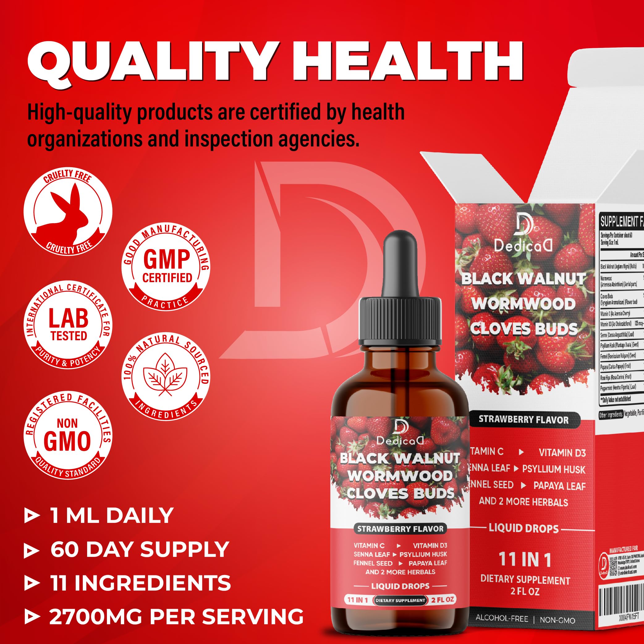 DEDICAD 11in1 Black Walnut Wormwood Cloves Liquid Drops with Cloves Buds, Senna Leaf, Psyllium Husk, Fennel Seed, Papaya Leaf and More - 2 oz Fl - 60 Days - Strawberry Flavor DEDICAD uk supplements