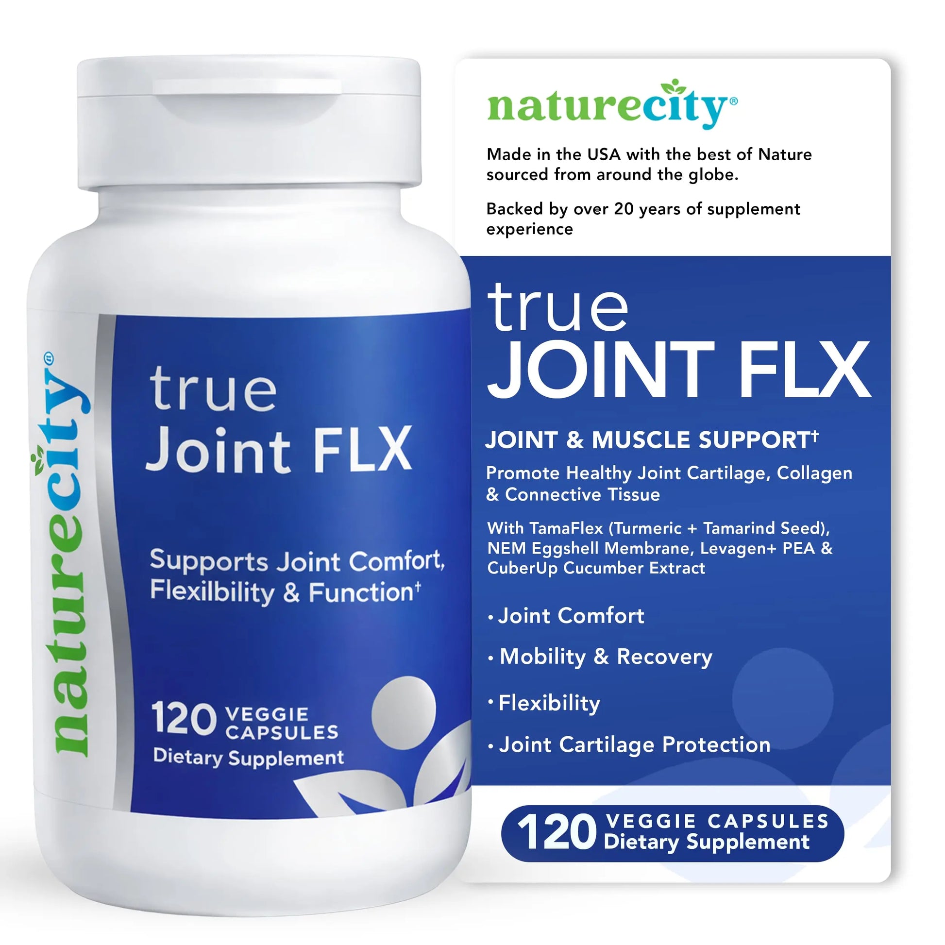 NatureCity True-Joint FLX Joint Supplement Formula (120 Capsules) | TamaFlex, NEM Eggshell Membrane, Levagen+ PEA & CuberUp | Supports Joint Comfort, Flexibility, Mobility, Function & Cartilage Health NatureCity uk supplements