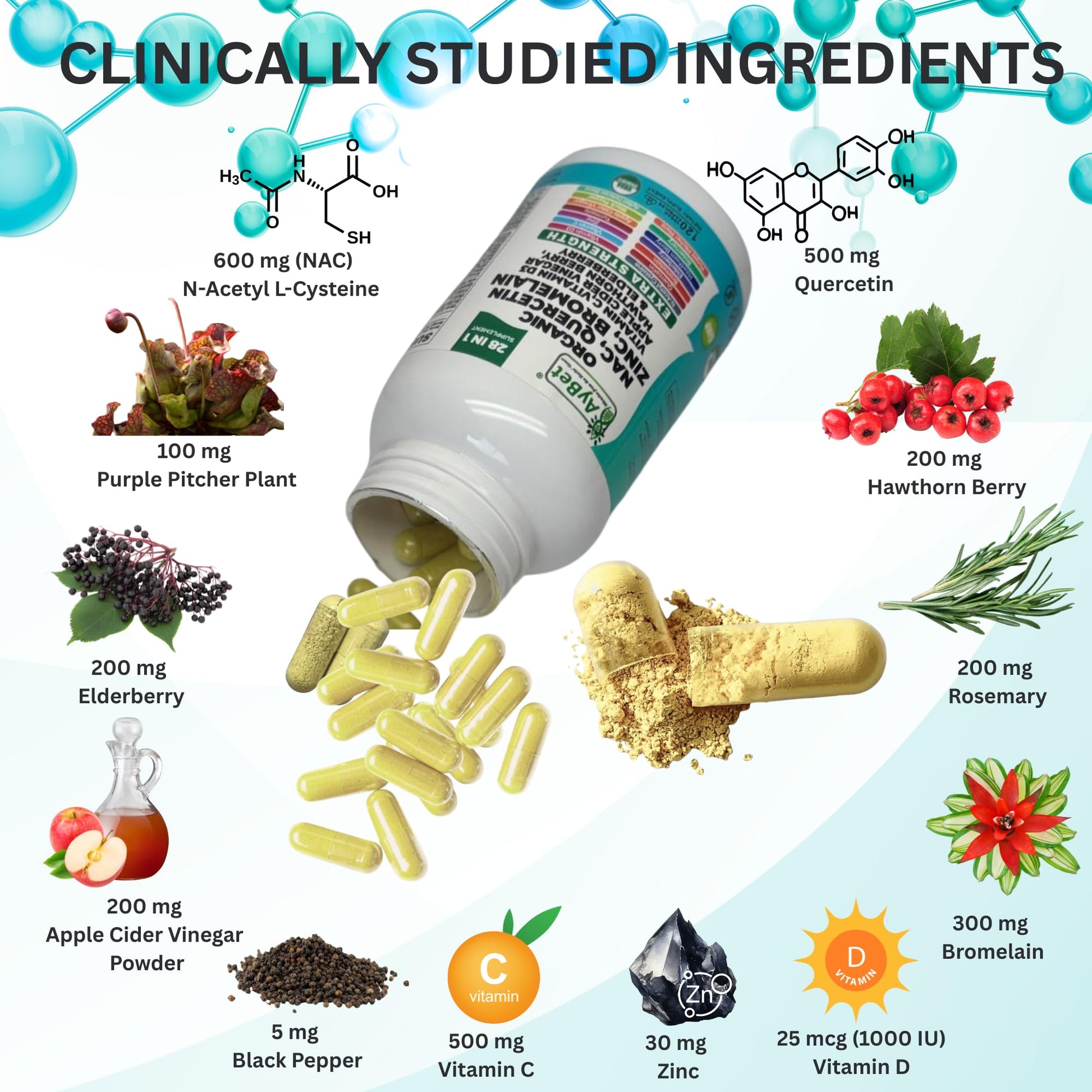 NAC-n-acetyl cysteine- Quercetin Zinc Bromelain Supplement | Extra Strength with Vit C, D3, Apple Cider Vinegar, Elderberry, Hawthorn Berry, Turmeric | Immune Support|120 Vegan Capsules | USDA Organic AyBet uk supplements