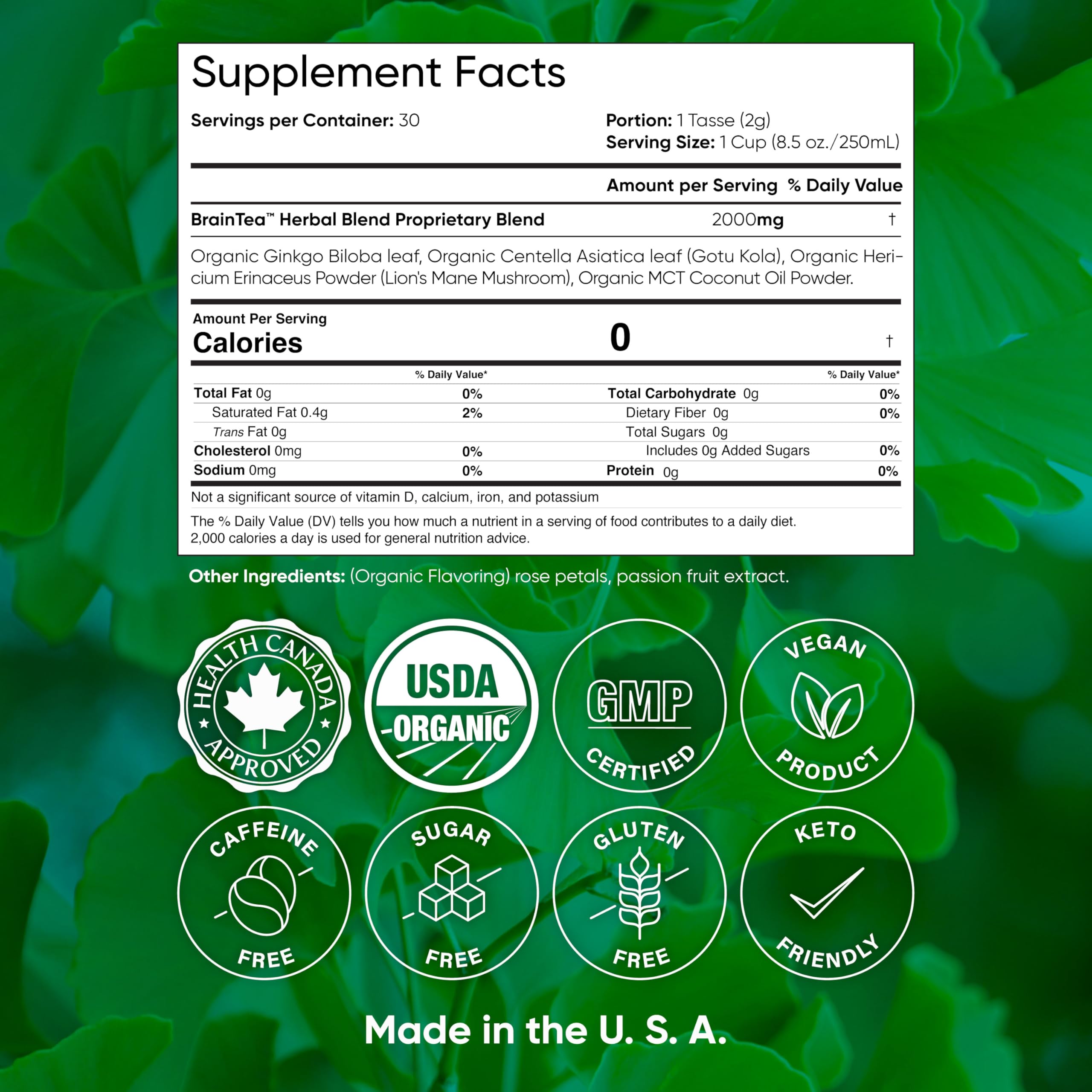 Brain Tea Focus & Memory - Brain Tea Organic Certified 4-in-1 Nootropic Herbal Supplement with Ginkgo Biloba, Gotu Kola, Lion’s Mane Mushroom, MCT Caffeine-Free for Mental Clarity (30 Sachets) Brain Tea uk supplements