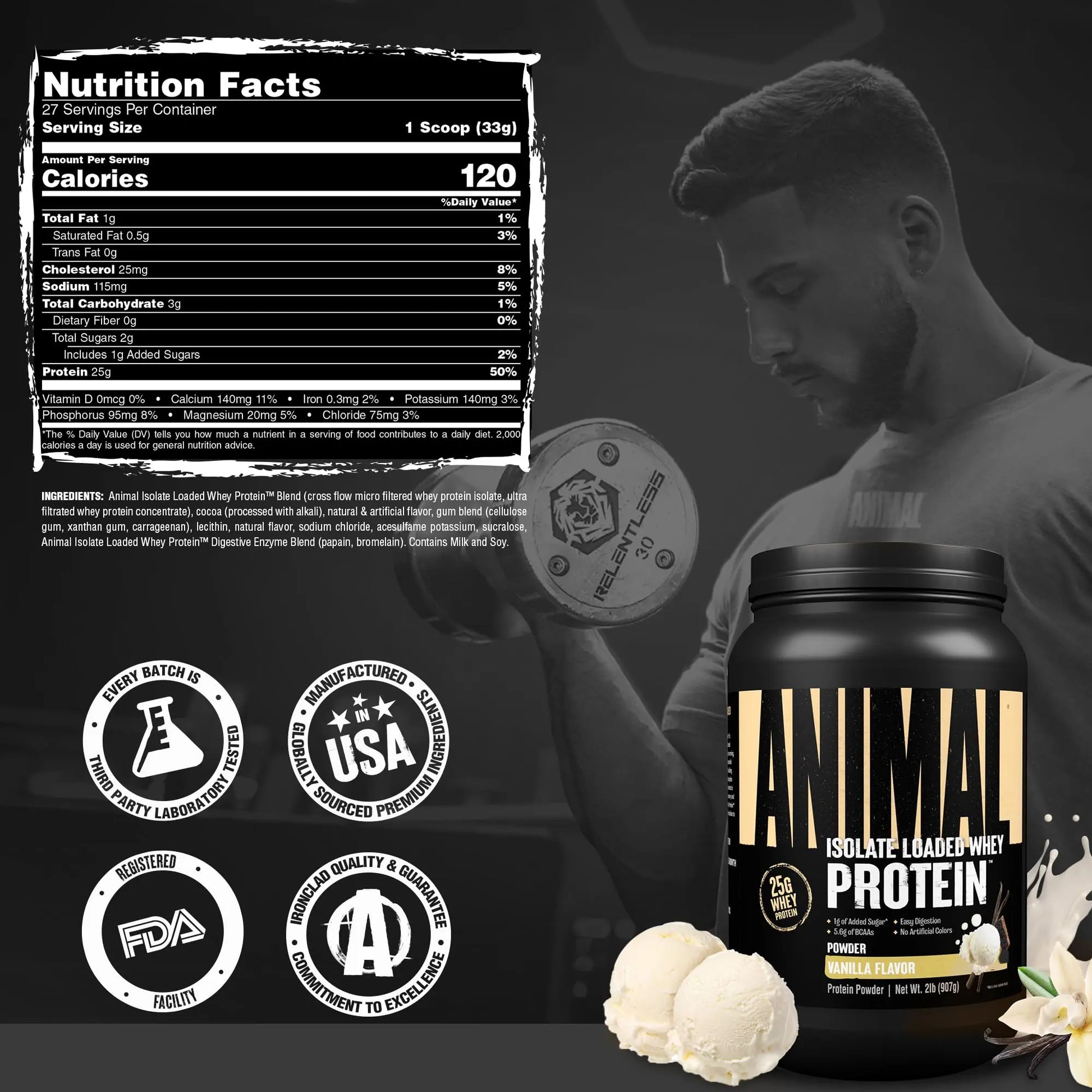 Animal Whey Isolate Protein Powder - Loaded for Pre & Post Workout Muscle Builder and Recovery with Digestive Enzymes for Men & Women - 25g Protein, Great Taste, Low Sugar - Vanilla 2 lbs Animal uk supplements