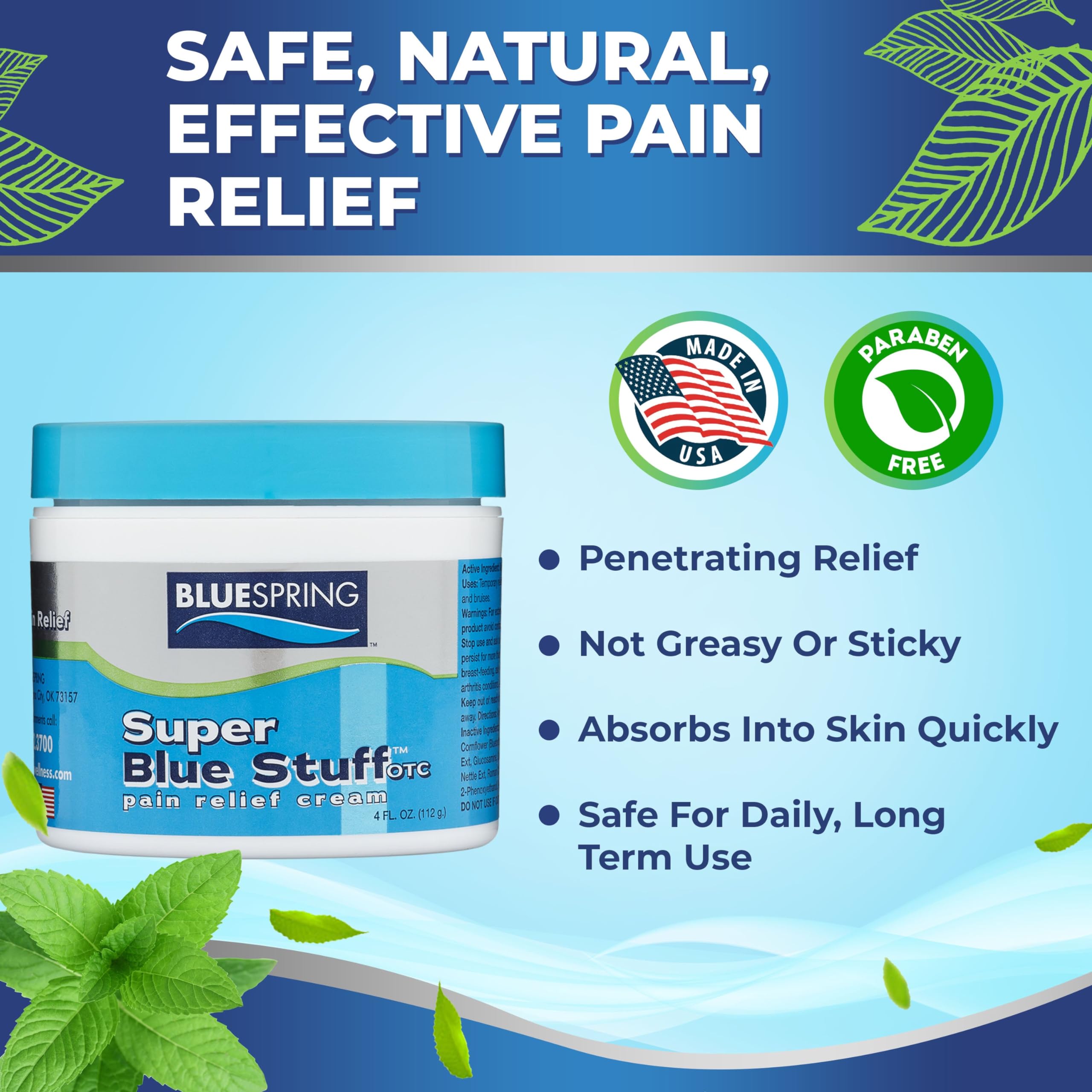 BLUESPRING Pain Relief Cream- Super Blue Stuff with Emu Oil, Arnica, Provides Maximum Arthritis Pain Relief- Anti Inflammatory Cream Goes Deep into the Skin- Great Muscle Rub and Relaxer Cream - 4 oz Emu Therapy uk supplements
