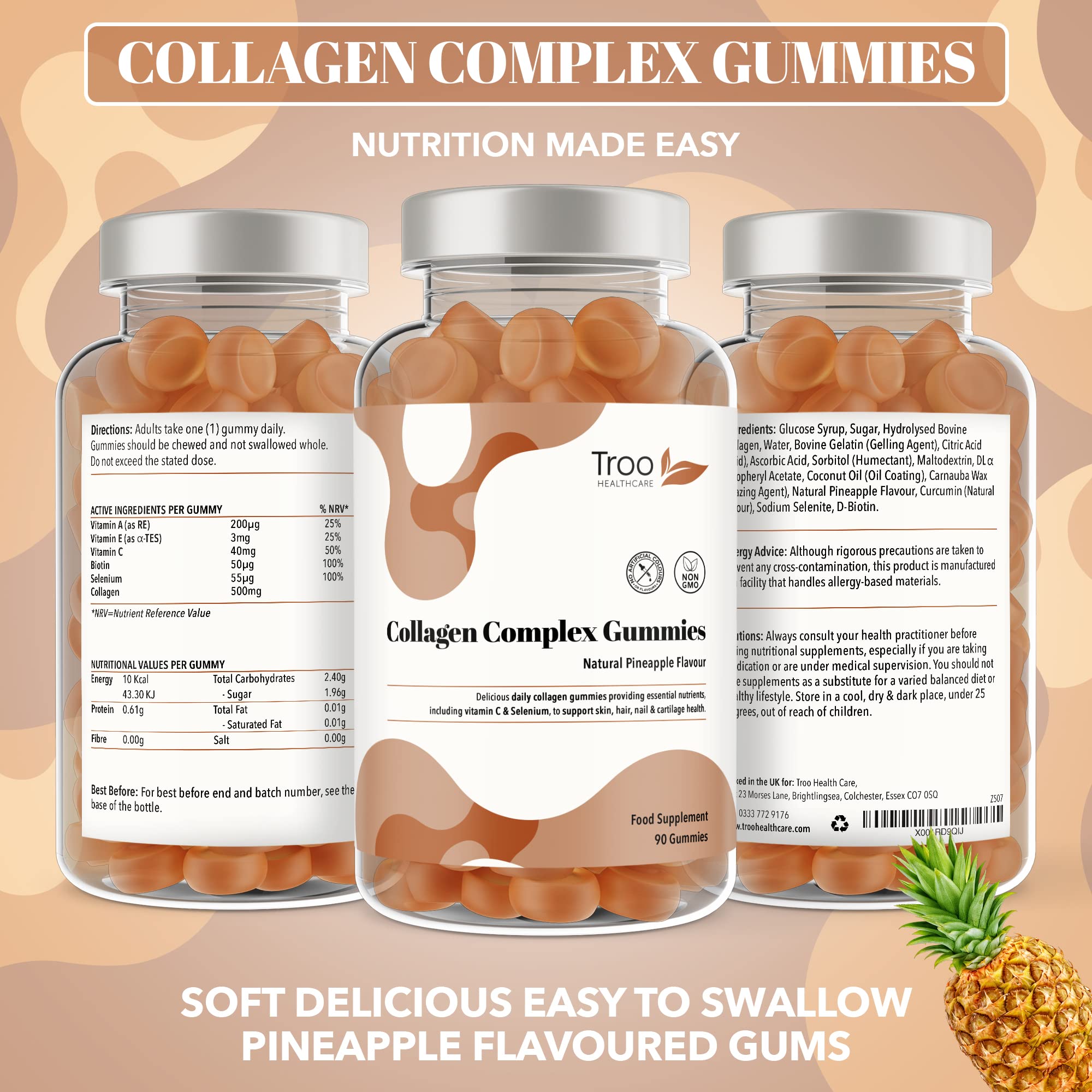 Hydrolysed Collagen Complex - 90 Natural Pineapple Flavour Chewable Gummies - One Per Day with Biotin, Vitamin C and Selenium Troo Health Care uk supplements