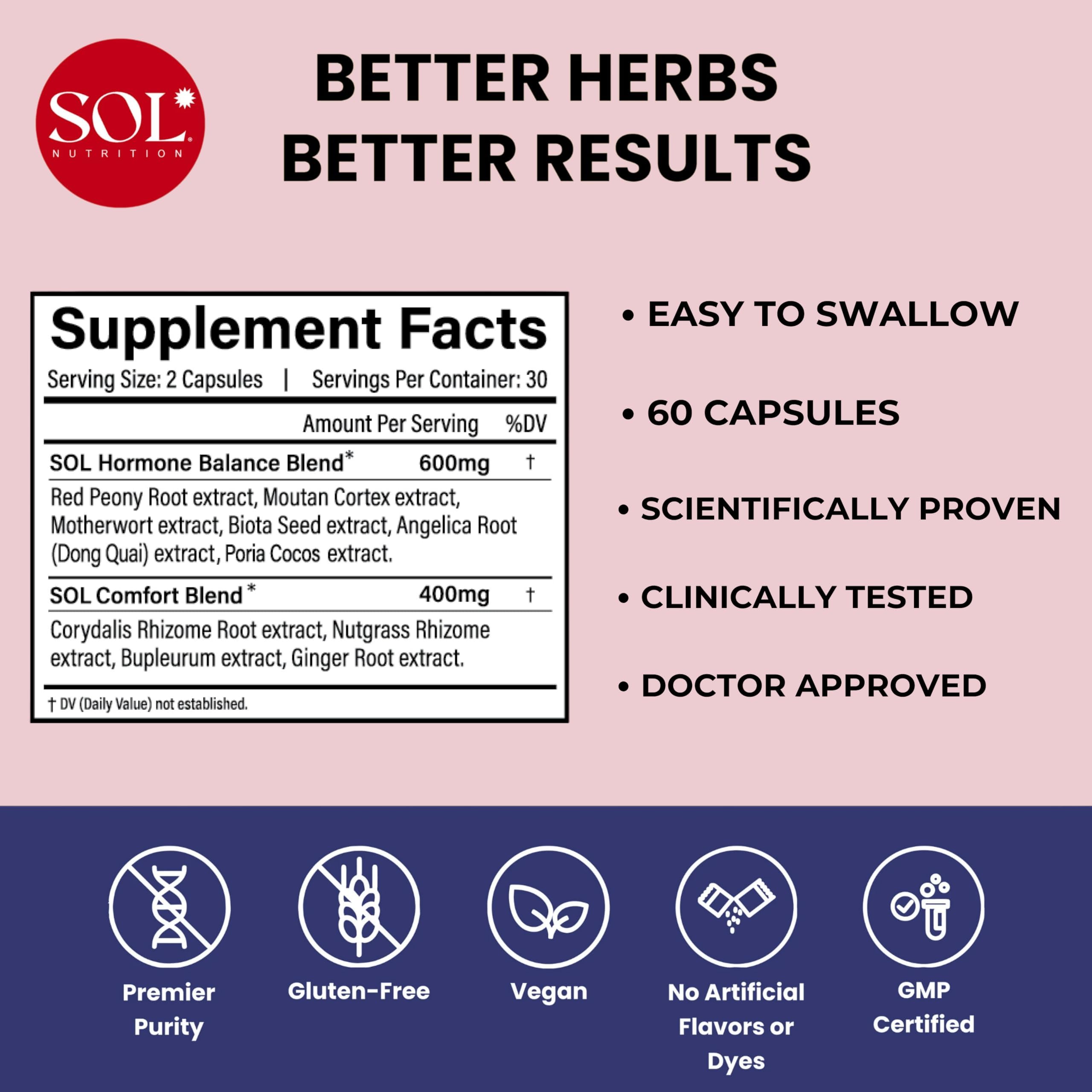Sol Nutrition Ease the Flow - PMS Support, Menstrual Relief, PMDD Supplements, Period Relief Products, Eases Bloating & Mood Swings, Vitamins B6 & B8, 60 Easy-to-Swallow Capsules Sol Nutrition uk supplements