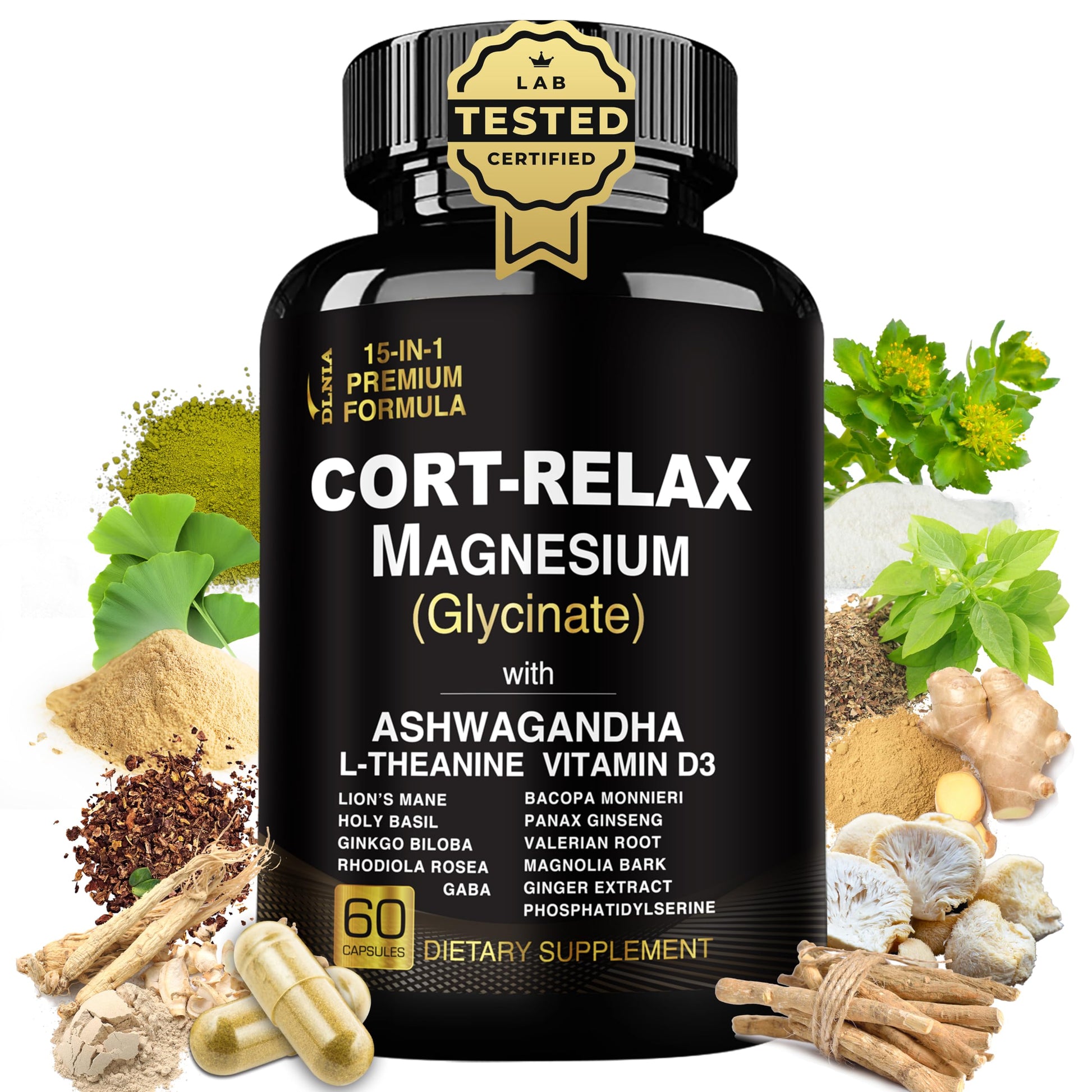 Super Calm Cortisol Supplements for Women & Men with Magnesium Glycinate, Ashwagandha, L-Theanine, Phosphatidylserine, Ginkgo & Lions Mane for Calm, Focus, Mental Clarity, Relaxation, Sleep, Energy DLNIA uk supplements