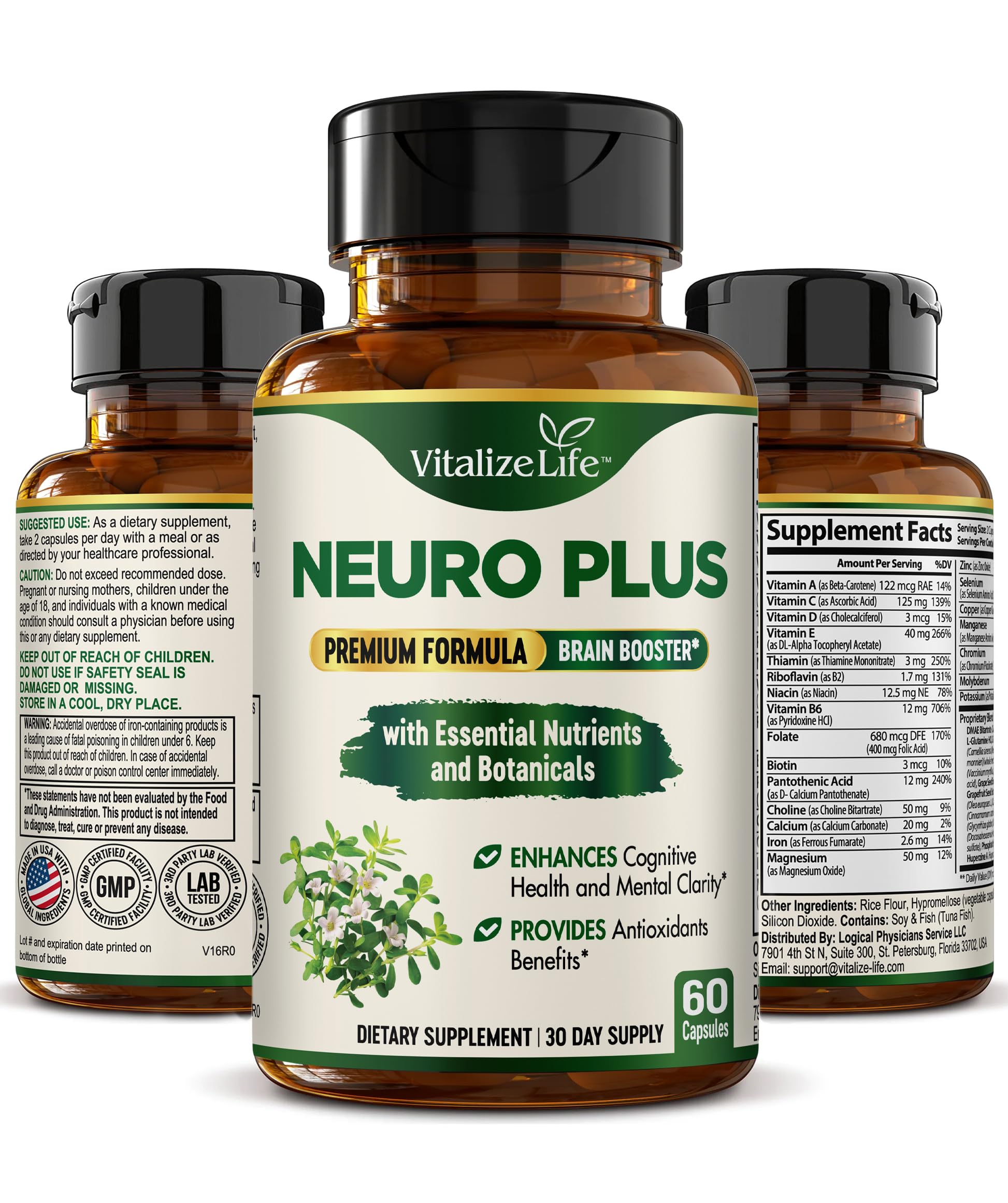 Neuro Plus Brain Supplement - Nootropic for Memory, Focus & Clarity - Neuro Brain and Focus Supplement with Bacopa Monnieri & DHA - Cognitive Support Formula - 60 Capsules Vitalize Life uk supplements