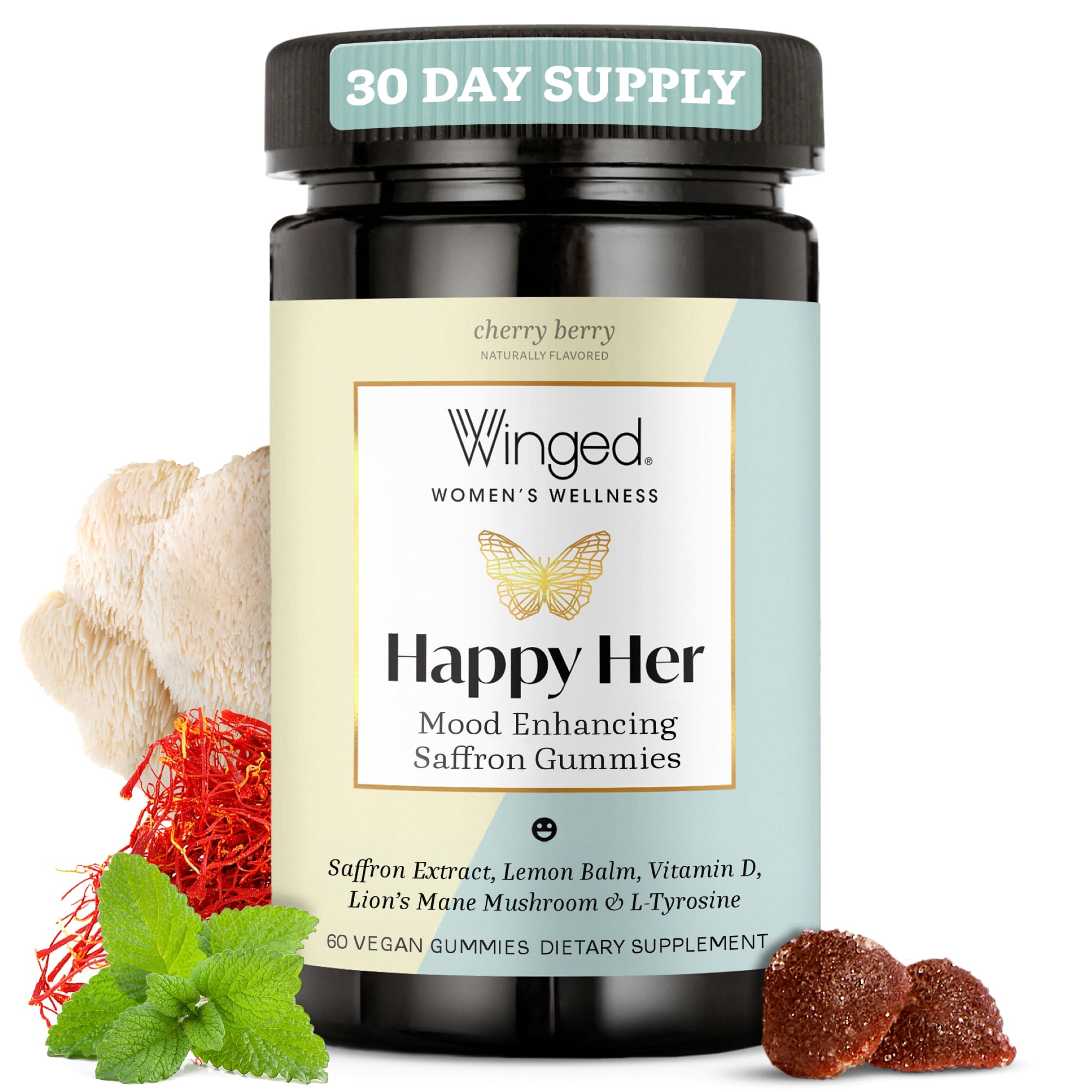 Winged Wellness Happy Her Mood Gummies - Daily Mood Enhancer Support Supplement for Women - Vitamin D with Saffron, Lemon Balm, & Lions Mane Mushrooms for Balance & Calming Relief - 50 Vegan Gummies Winged uk supplements