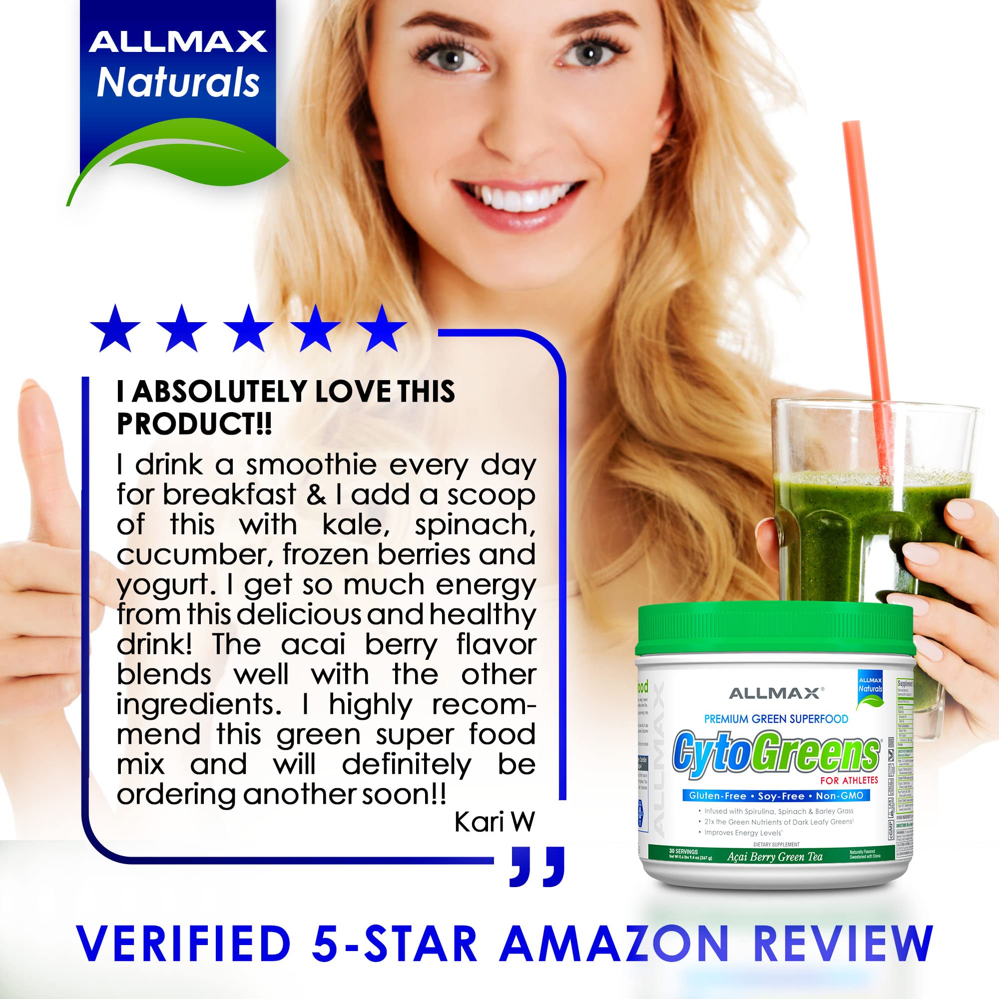 ALLMAX Naturals CytoGreens Super Greens Powder, Premium Green Superfood with Greens, Superfoods, Daily Greens Supplement, Acai Berry Green Tea, 60 Servings ALLMAX uk supplements