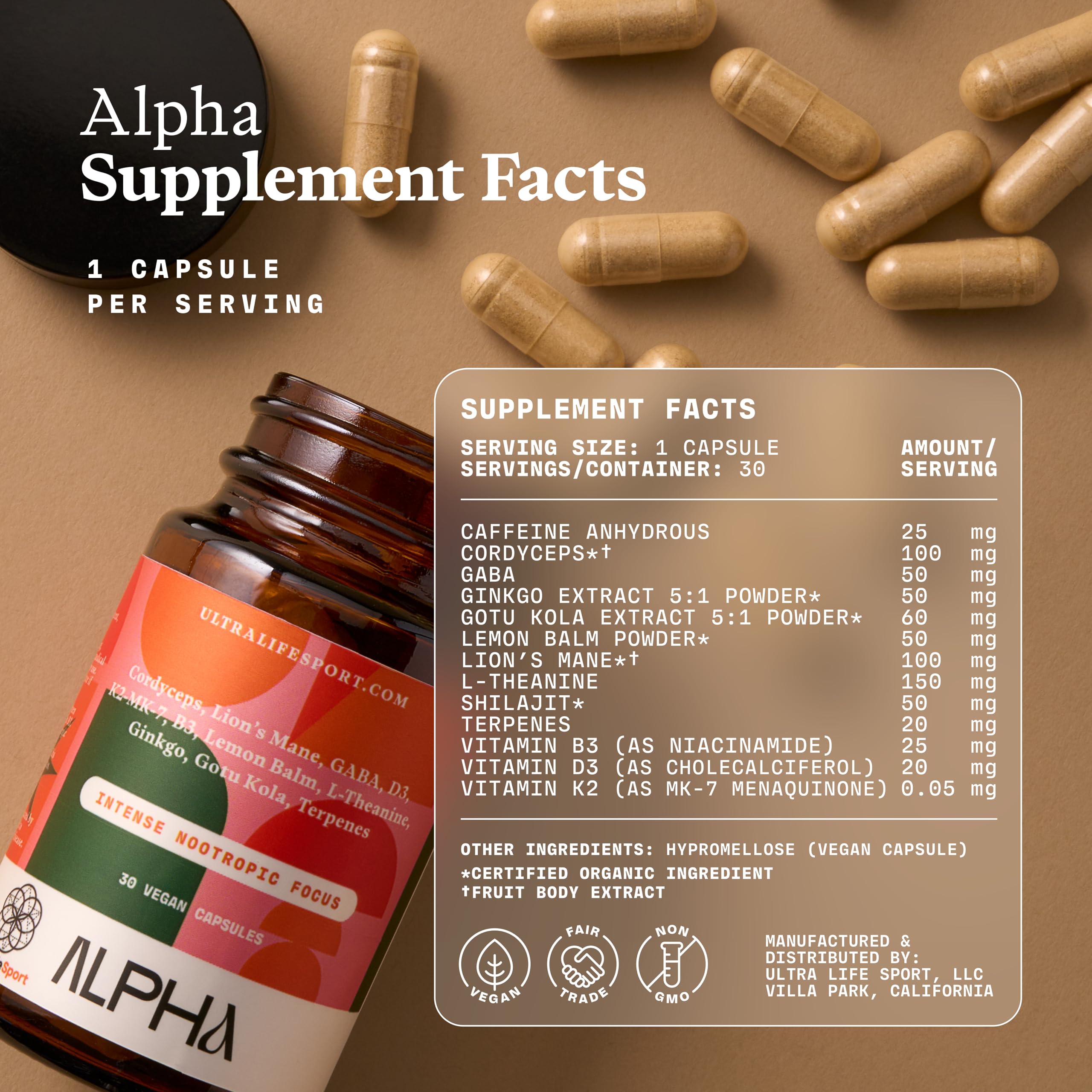 Ultra Life Sport - Alpha Nootropic - 30 Capsule Body and Brain Supplements for Memory and Focus - L-Theanine, B Vitamins, Lion's Mane, Cordyceps Mushrooms, Vitamin D3, K2 MK-7, Lemon Balm and Ginkgo Ultra Life Sport uk supplements