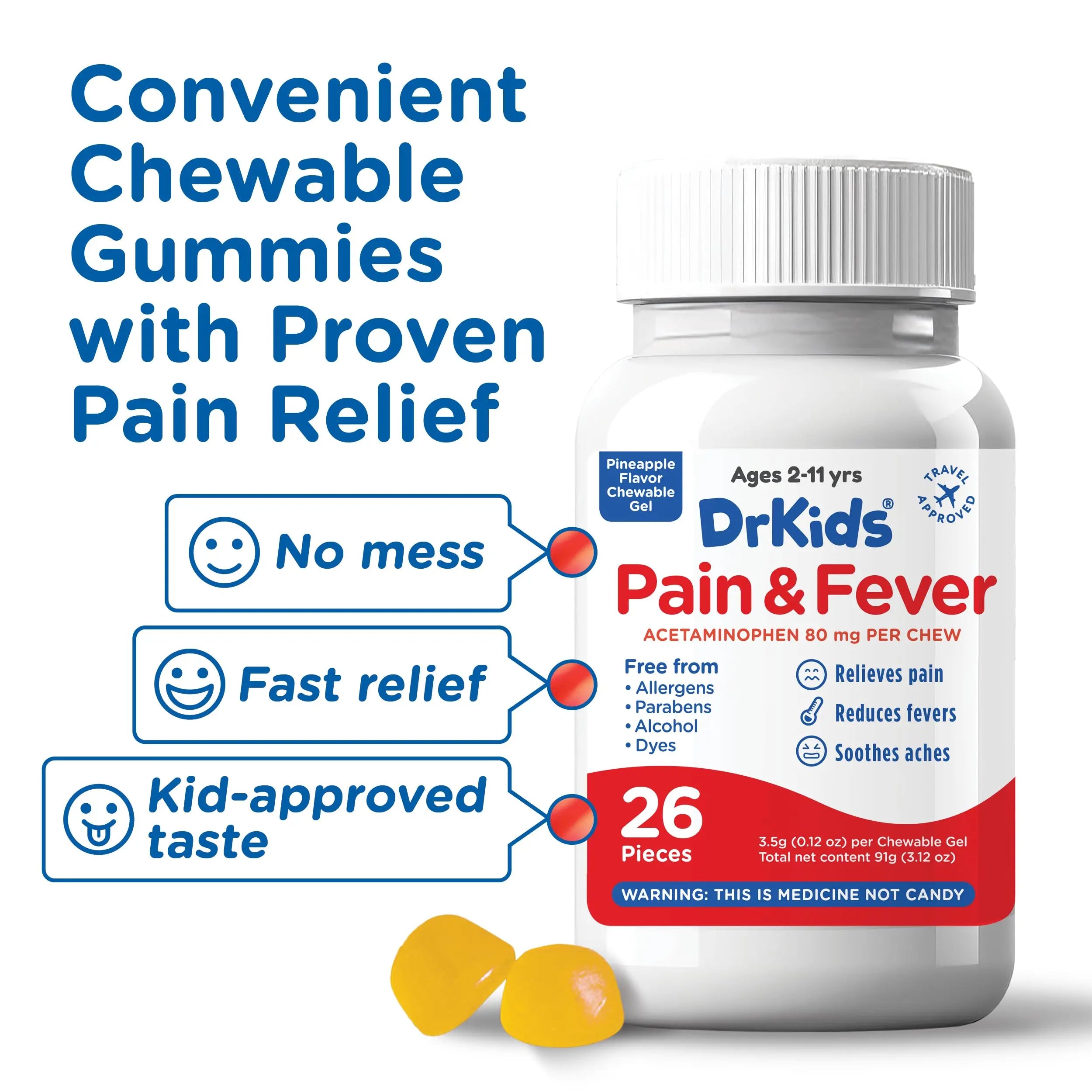 Dr. Kids Children’s Pain and Fever Chewable Gels – Pain Relief and Fever Reducer for Kids Ages 2–11, 80 mg Chewable Acetaminophen for Headache, Sore Throat, Cold & Flu, Pineapple Flavor, 26 Count Dr. Kids uk supplements