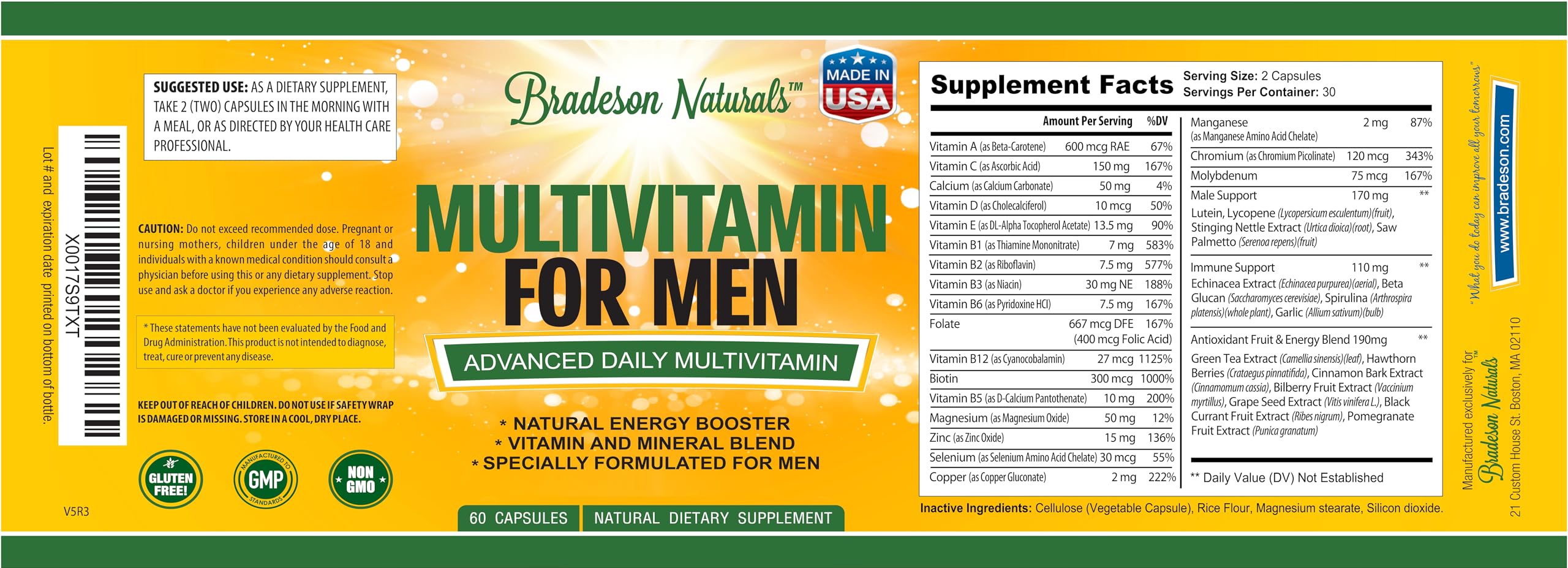 Bradeson Naturals Men's Multivitamin Supplement for Energy, Focus and Performance. Mens Vitamins A, C, D, E & B12, Zinc, Calcium, Magnesium & More. Multi Vitamin 60 Capsules Made in The USA Bradeson Naturals uk supplements