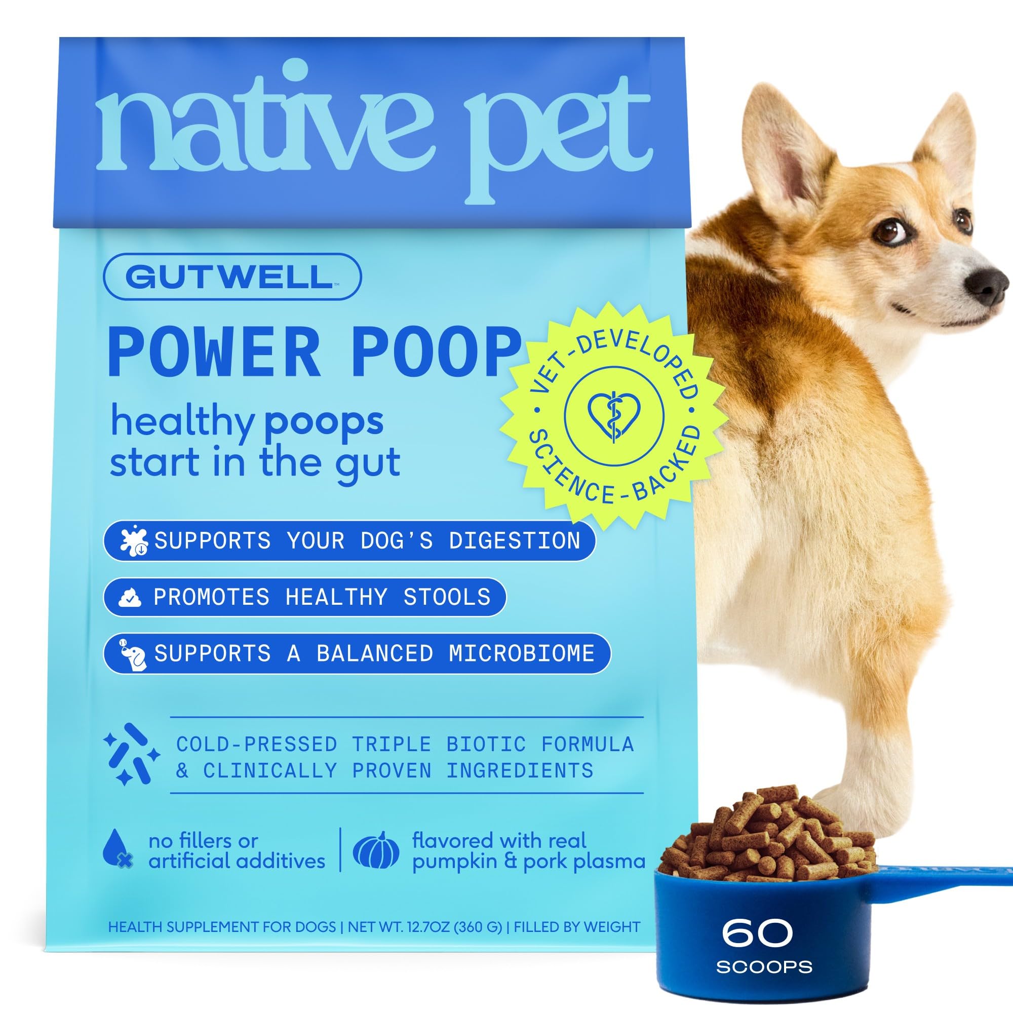 GutWell Power Poop - Digestive Enzymes & Fiber for Dogs - Dog Fiber Supplements Help with Diarrhea Relief, Upset Stomach, Pet Gas & Gut Health with Targeted Triple-Biotic Blend & M-Fiber - 60 Scoops Native Pet uk supplements