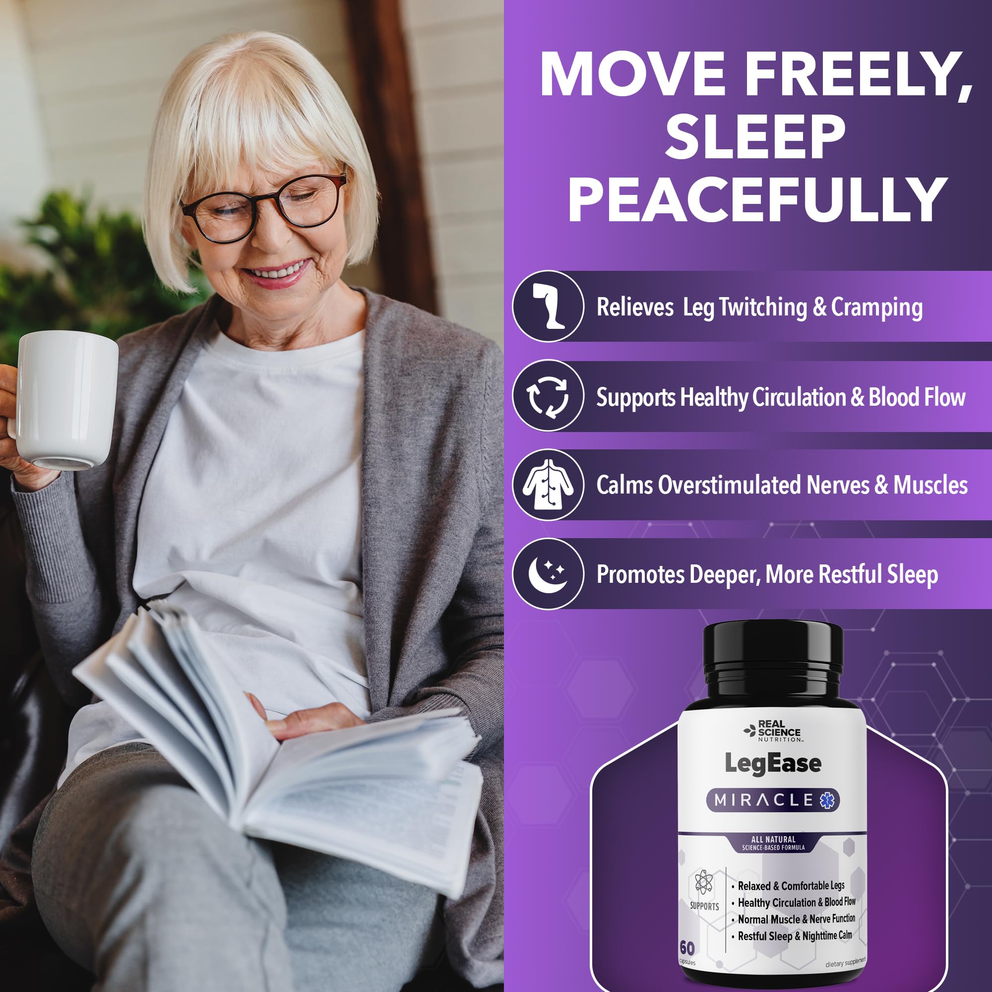 Real Science LegEase Miracle – All Natural Restless Legs Syndrome Relief & Leg Cramp Supplement with Vitamins C, D, K, B6, B12 + Nitric Oxide Support – Sleep & Circulation Aid – Made in USA, 60 Caps Real Science Nutrition uk supplements