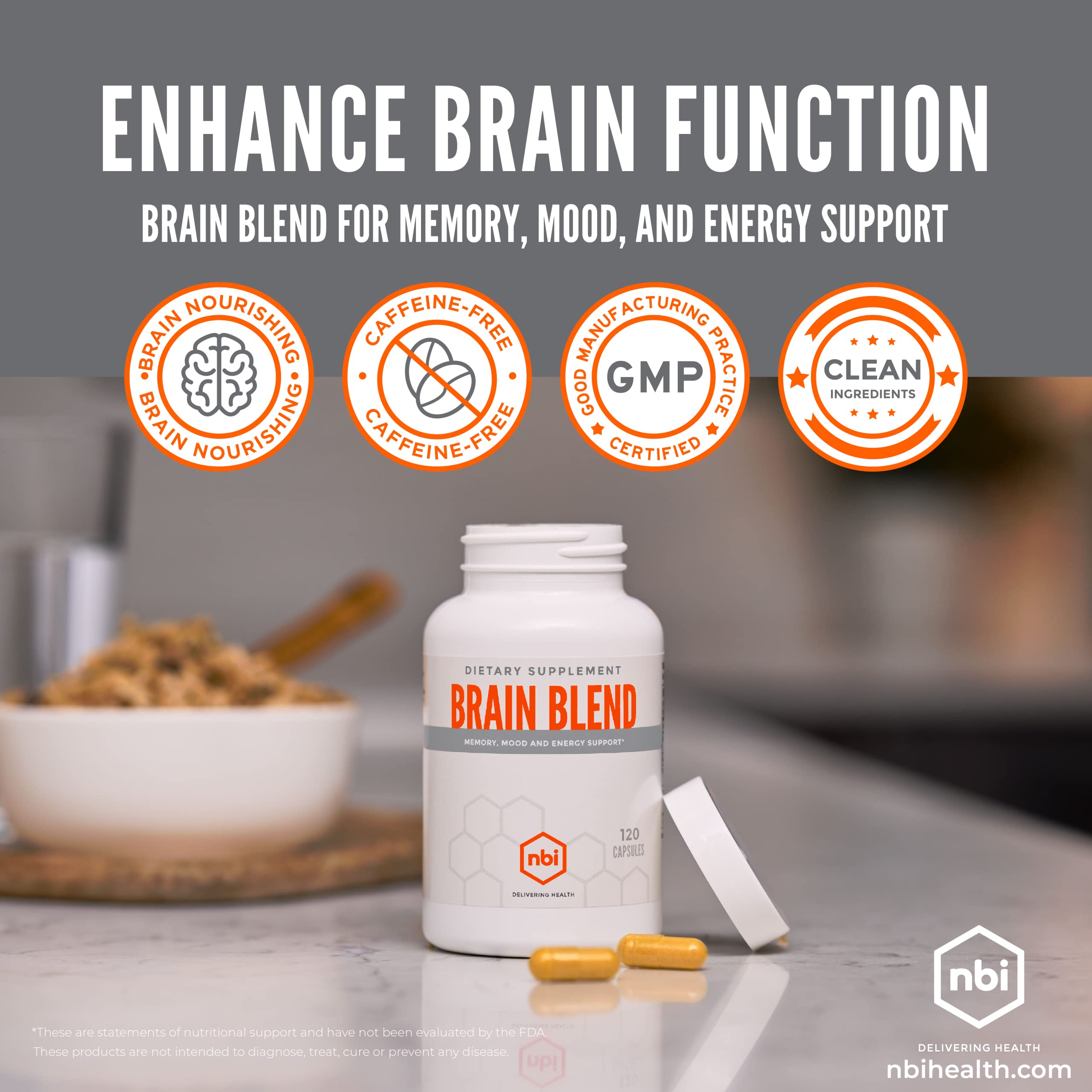 NBI Brain Blend for Memory, Focus, Concentration, Cognitive Function for Men & Women | Caffeine-Free with ALCAR, Alpha Lipoic Acid, Huperzine A, Turmeric | Nootropic | 120ct Capsules NBI uk supplements