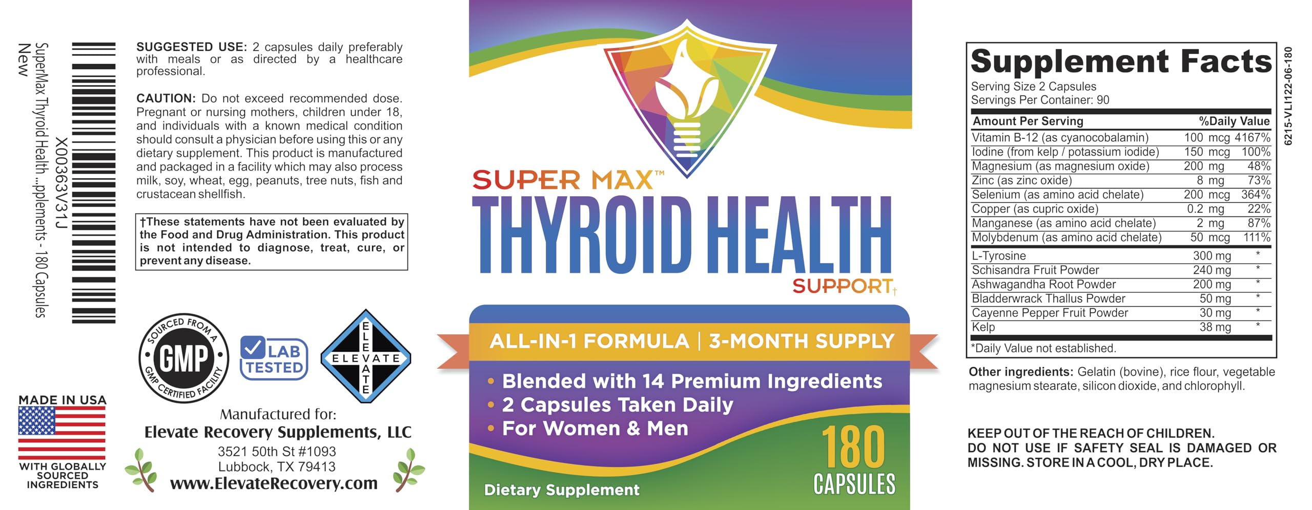 Thyroid Support (3-Month) Supplement All-in-1 with 14 Active Ingredients in 1 Formula | Thyroid Health Support Supplements | Women & Men | 90-Day Bulk Supply | 180 Capsules Elevate Recovery Supplements uk supplements