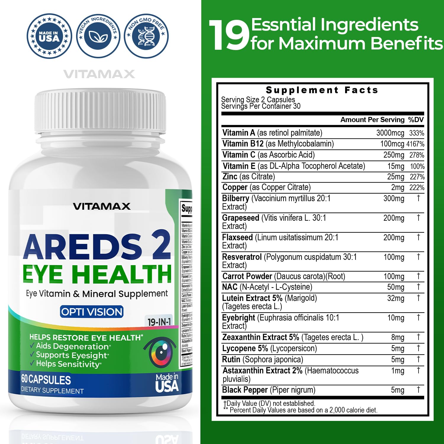 AREDS 2 Eye Vitamins - Lutein, Zeaxanthin, Bilberry, Astaxanthin Mineral Vision Supplement - Supports Eye Strain, Dry Eyes, Pressure, and Vision Health - Made in USA - 120ct Vitamax uk supplements