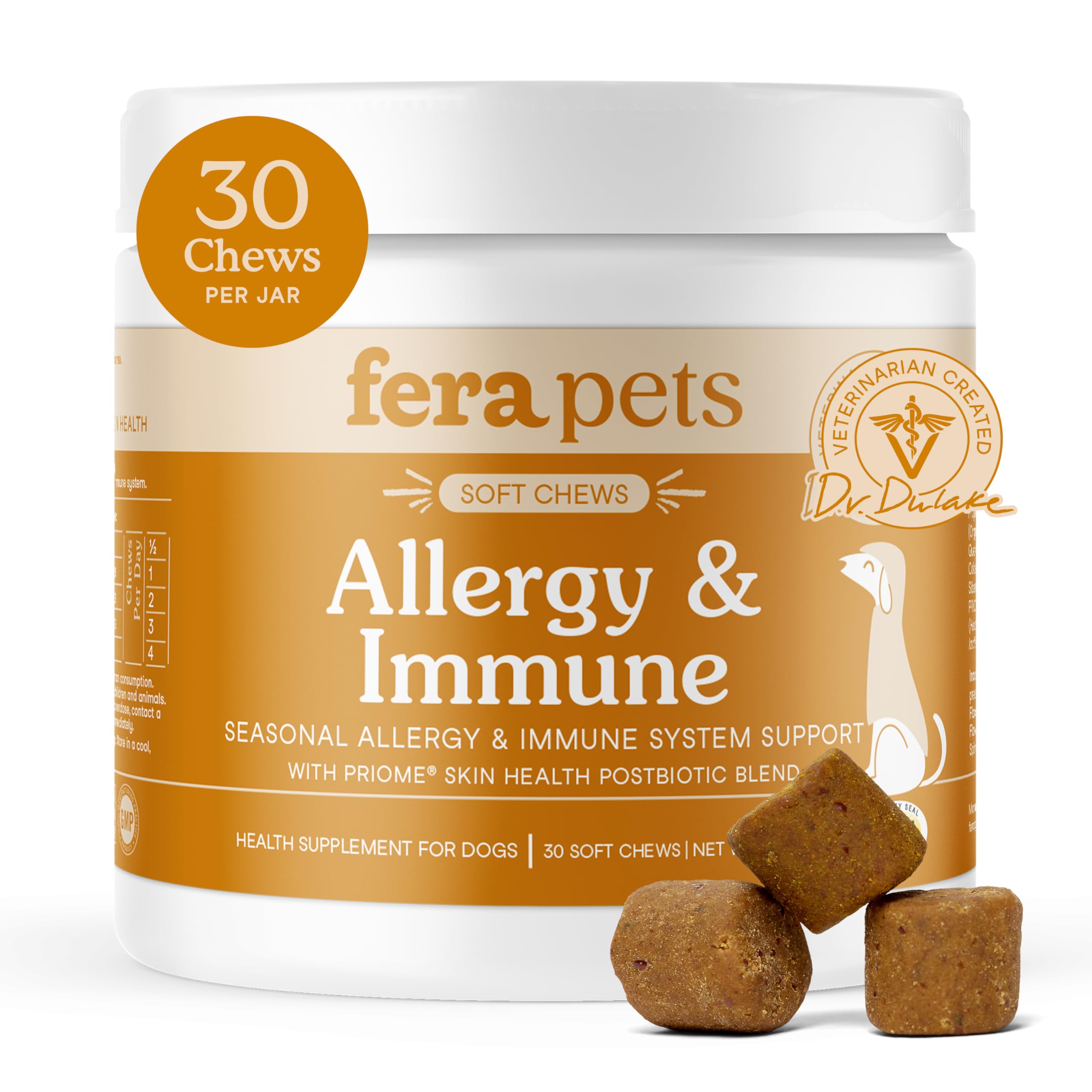 Fera Pets Dog Allergy and Immune Support with Organic Mushrooms, Postbiotics & Colostrum - Promotes Skin & Gut Health - Soothes Seasonal Allergy Symptoms - 30 Soft Chews Fera Pets uk supplements