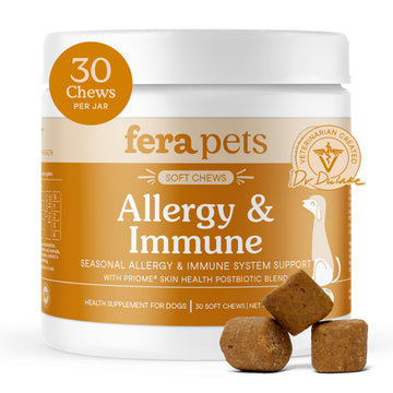 Fera Pets Dog Allergy and Immune Support with Organic Mushrooms, Postbiotics & Colostrum - Promotes Skin & Gut Health - Soothes Seasonal Allergy Symptoms - 30 Soft Chews Fera Pets uk supplements