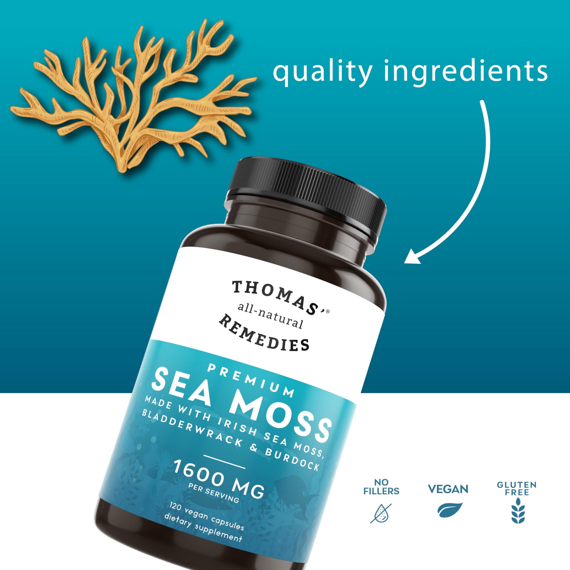 Thomas' all-natural Remedies Irish Sea Moss Capsules, Sea Moss with Bladderwrack & Burdock Root Organic for Gut Health, Digestion, Energy & Immune Support, 120 Seamoss Pills Thomas' all-natural Remedies uk supplements