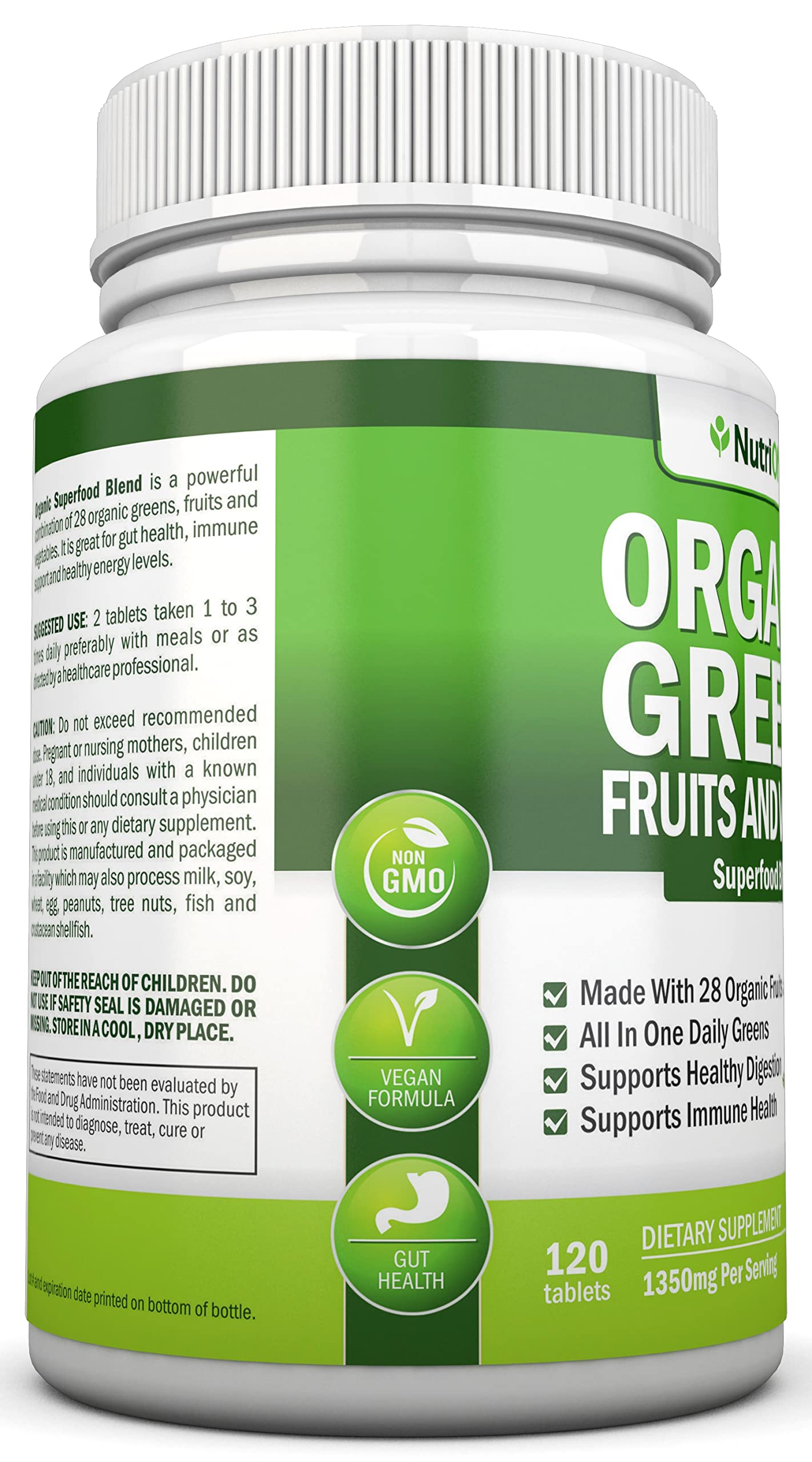 Organic Super Greens Capsules - Fruit And Vegetable Supplements - 120 Count - 28 USDA Organic & Vegan Premium Ingredients - Superfood Blend For Immune Health, Digestion & Energy - Whole Food Vitamins NutriONN uk supplements