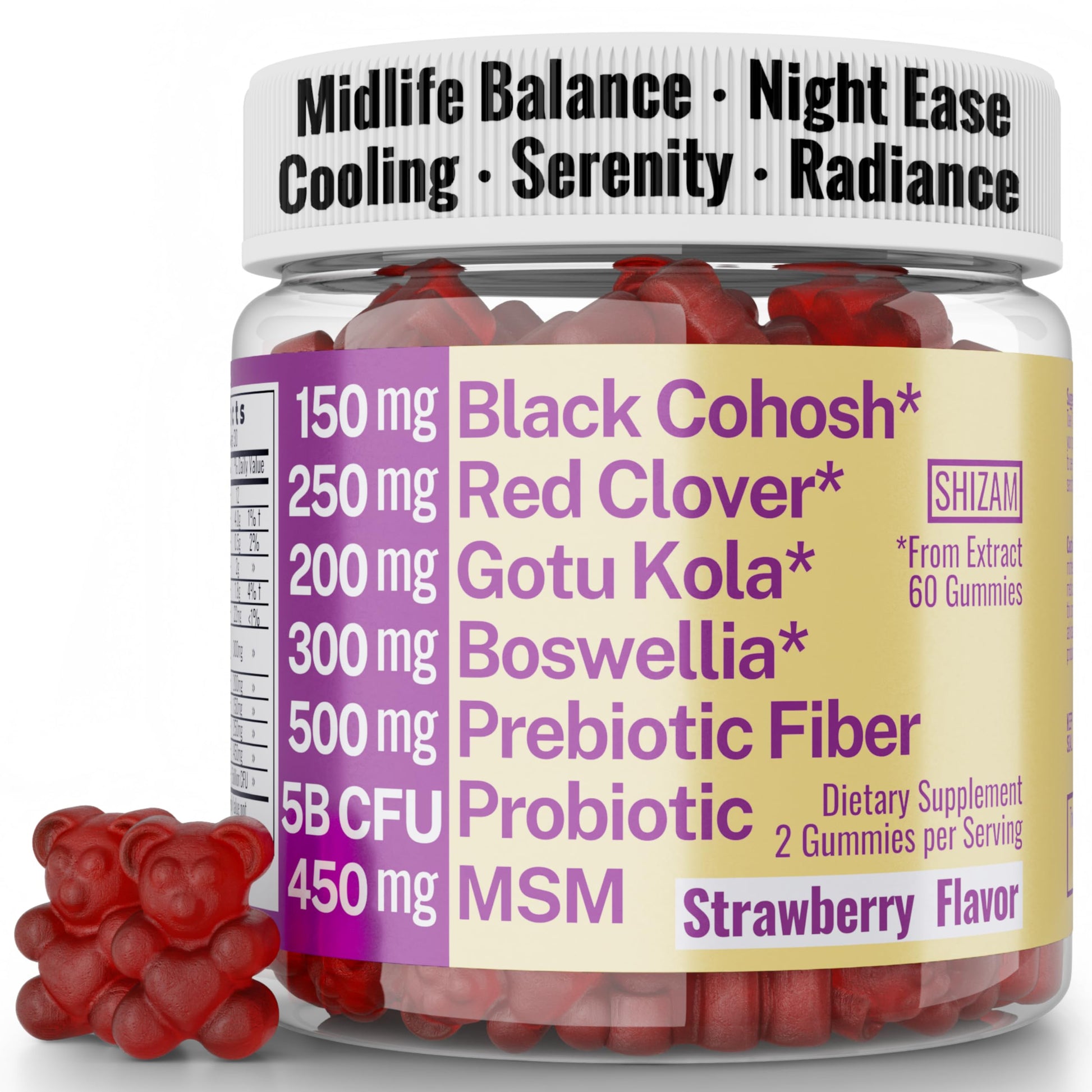 Boswellia Serrata Black Cohosh Gotu Kola Red Clover Extract Complex Gummies w. Probiotic Fiber (Chicory Root Inulin) MSM Methylsulfonylmethane, Supplement Alt for Organic Powder Capsules Tincture SHIZAM uk supplements