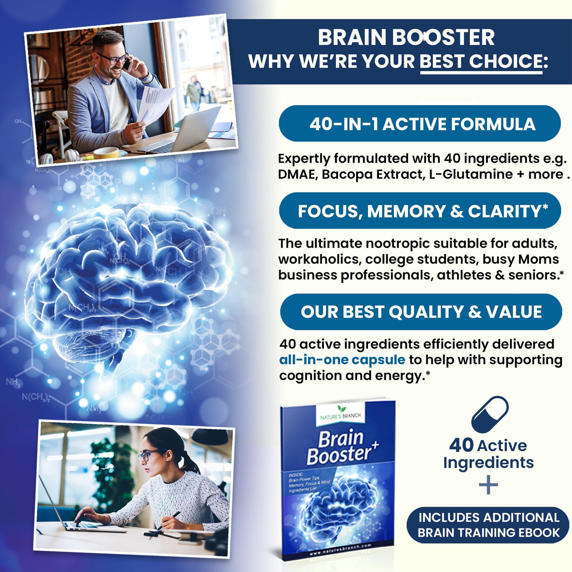 40-in-1 Brain Booster Supplement for Focus, Memory, Clarity, Energy | Advanced Vitamins Plus eBook | for Men & Women, Cognitive Function Nootropic Support with DMAE, Mind Health Formula | 60 Capsules NATURE'S BRANCH uk supplements