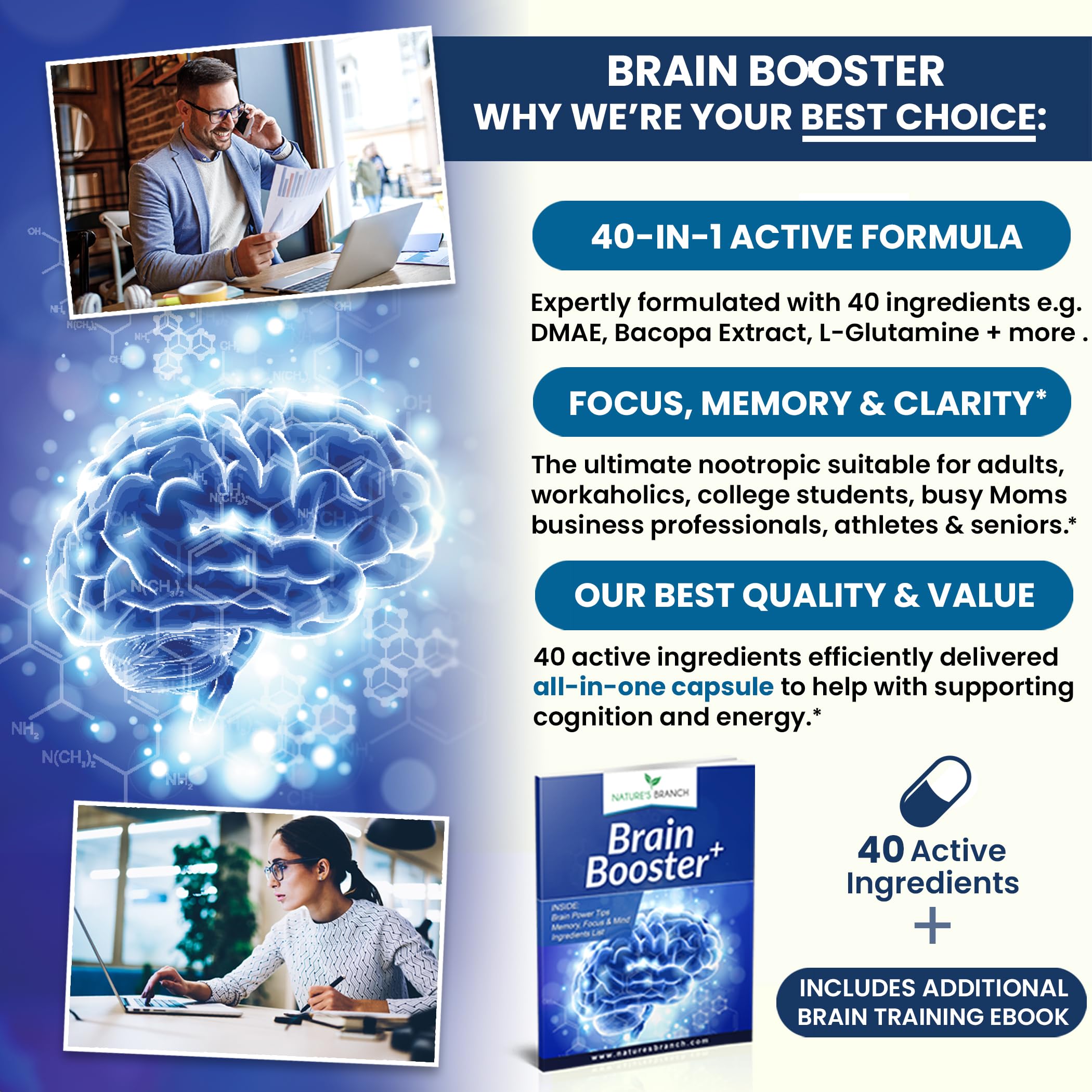 40-in-1 Brain Booster Supplement for Focus, Memory, Clarity, Energy | Advanced Vitamins Plus eBook | for Men & Women, Cognitive Function Nootropic Support with DMAE, Mind Health Formula | 60 Capsules NATURE'S BRANCH uk supplements