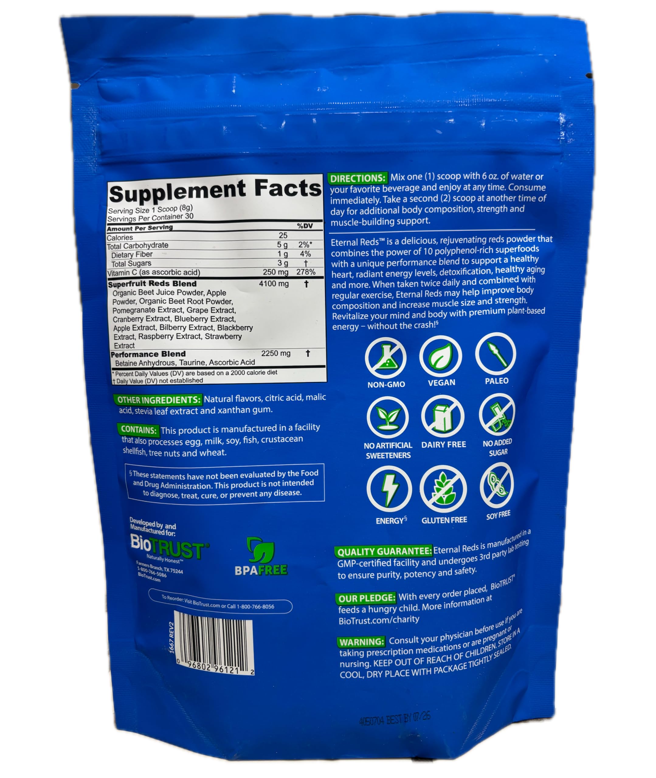 BioTrust Eternal Reds, Red Superfoods Powder, Support for Heart Health and Circulation, Energy, Stamina, No Added Sugar or Caffeine, Naturally Flavored and Sweetened, Berry Flavor (30 Servings) BioTrust uk supplements