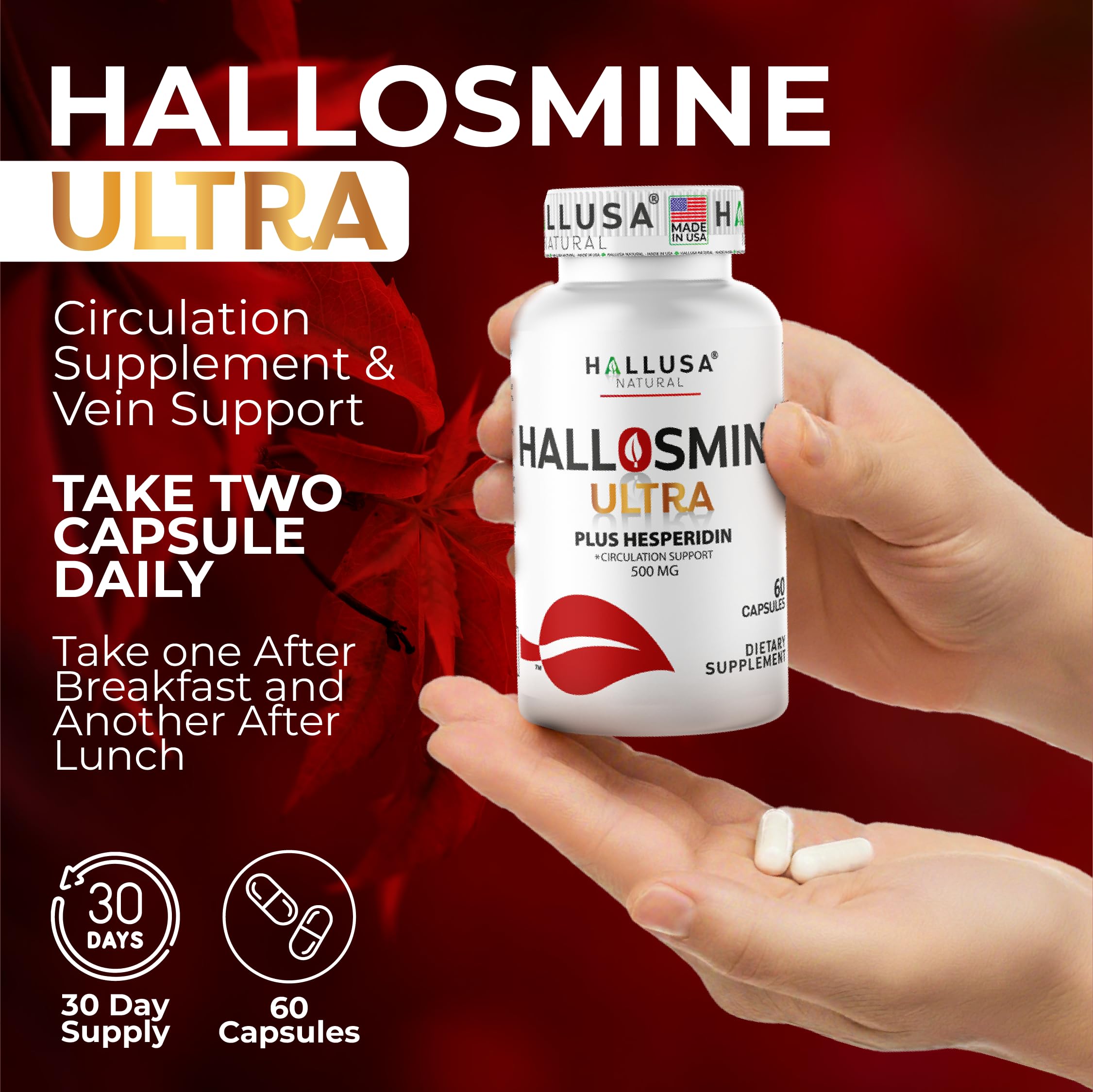 Hallosmine Ultra 650mg Diosmin Hesperidin, 60 Capsules + FREE Leg Cream with Diosmin, Hesperidin & Horse Chestnut, 4 oz | Blood Circulation & Vein Support Supplement, GMO Free, Gluten Free Hallusa Natural uk supplements