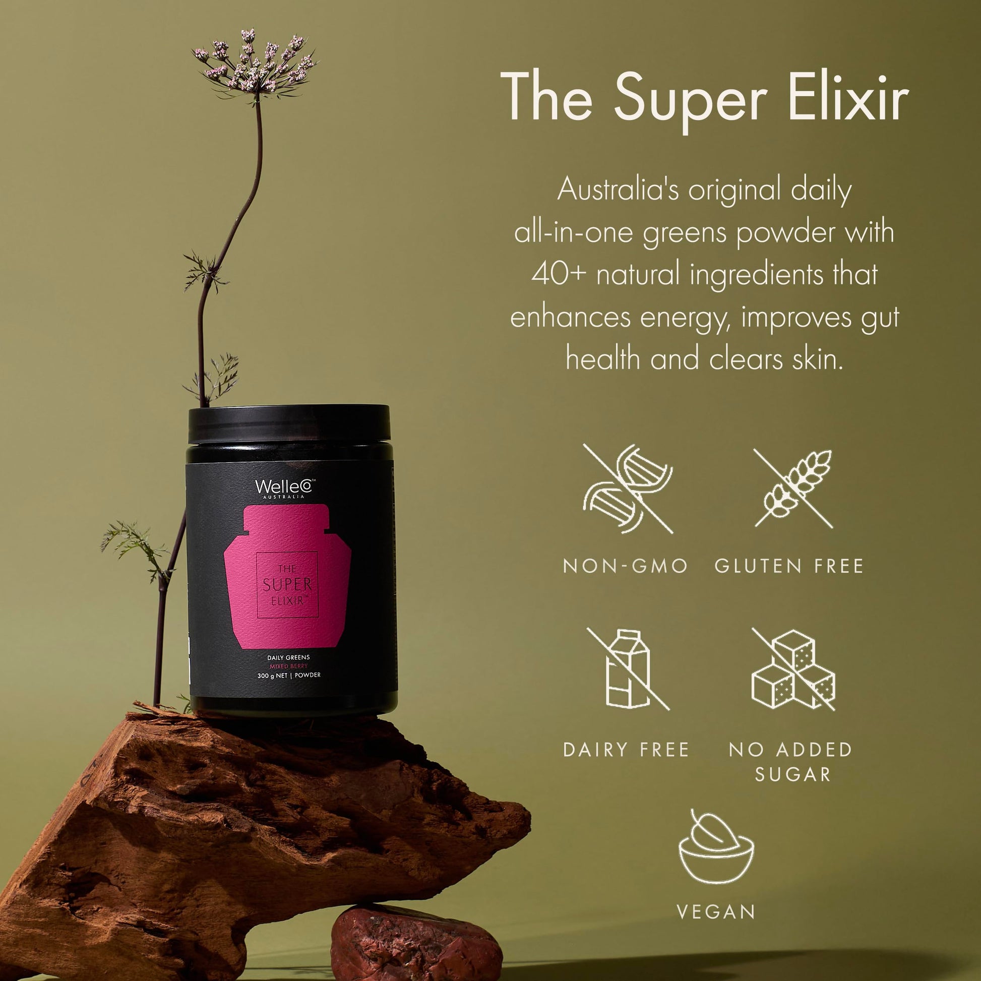 WelleCo The Super Elixir Daily Greens Powder, Probiotic Drink Mix with Whole Foods, Gluten Free, Vegan Gut Health Powder, Energy, Immunity, Healthy Skin, Hair & Nails (300g, Mixed Berry) WelleCo uk supplements