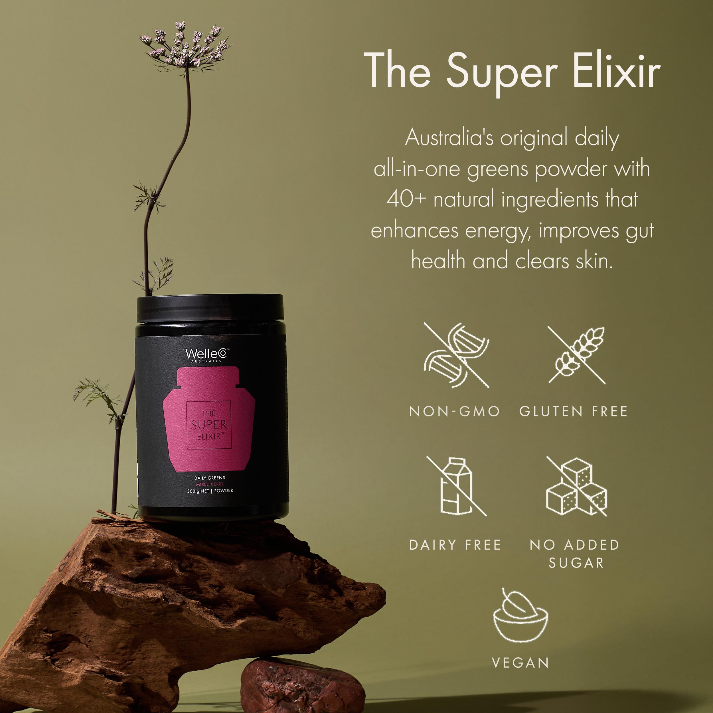 WelleCo The Super Elixir Daily Greens Powder, Probiotic Drink Mix with Whole Foods, Gluten Free, Vegan Gut Health Powder, Energy, Immunity, Healthy Skin, Hair & Nails (300g, Mixed Berry) WelleCo uk supplements