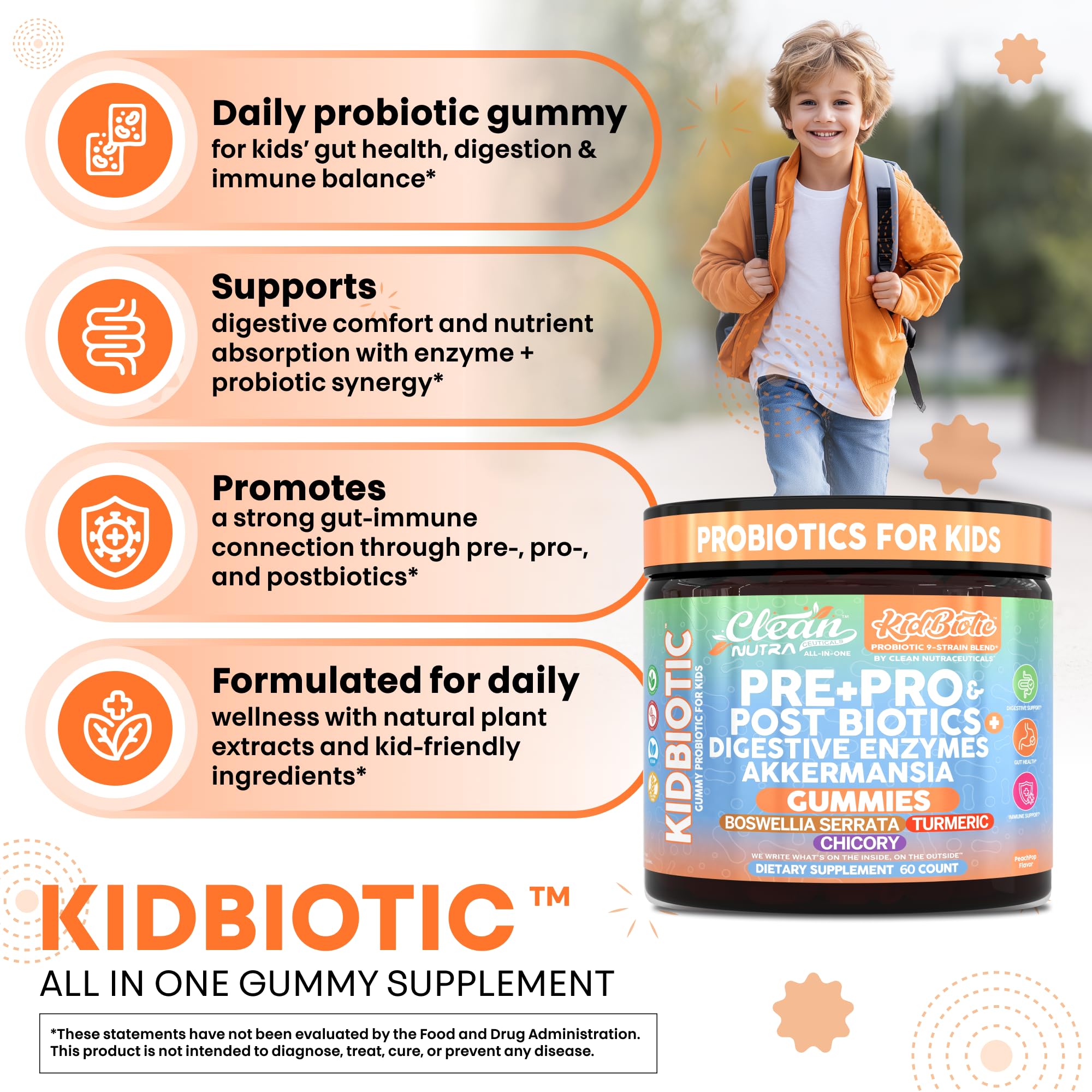 Clean Nutra Kids Probiotics Gummies with Prebiotics, Postbiotics, Digestive Enzymes, Akkermansia, Boswellia Serrata, Turmeric, Chicory – 60 Count – Plant-Based Supplement for Kids – PeachPop Flavor Clean Nutraceuticals uk supplements