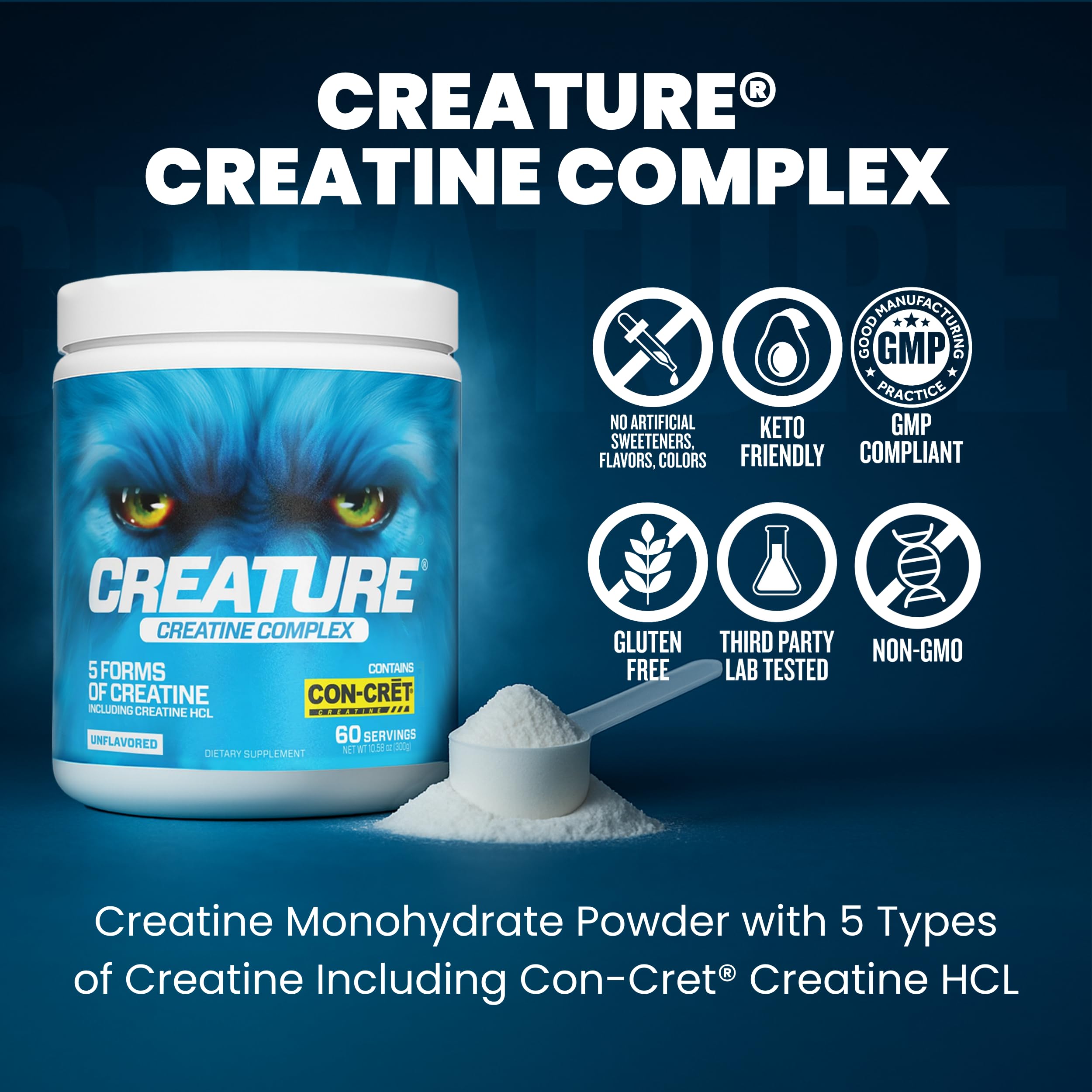 CREATURE® Creatine Complex - Creatine Monohydrate Powder with 5 Types of Creatine Including Con-Crēt® Creatine HCL, Promotes Muscle, Strength, Endurance, Brain Health, Unflavored, 300g 60 Servings CREATURE uk supplements