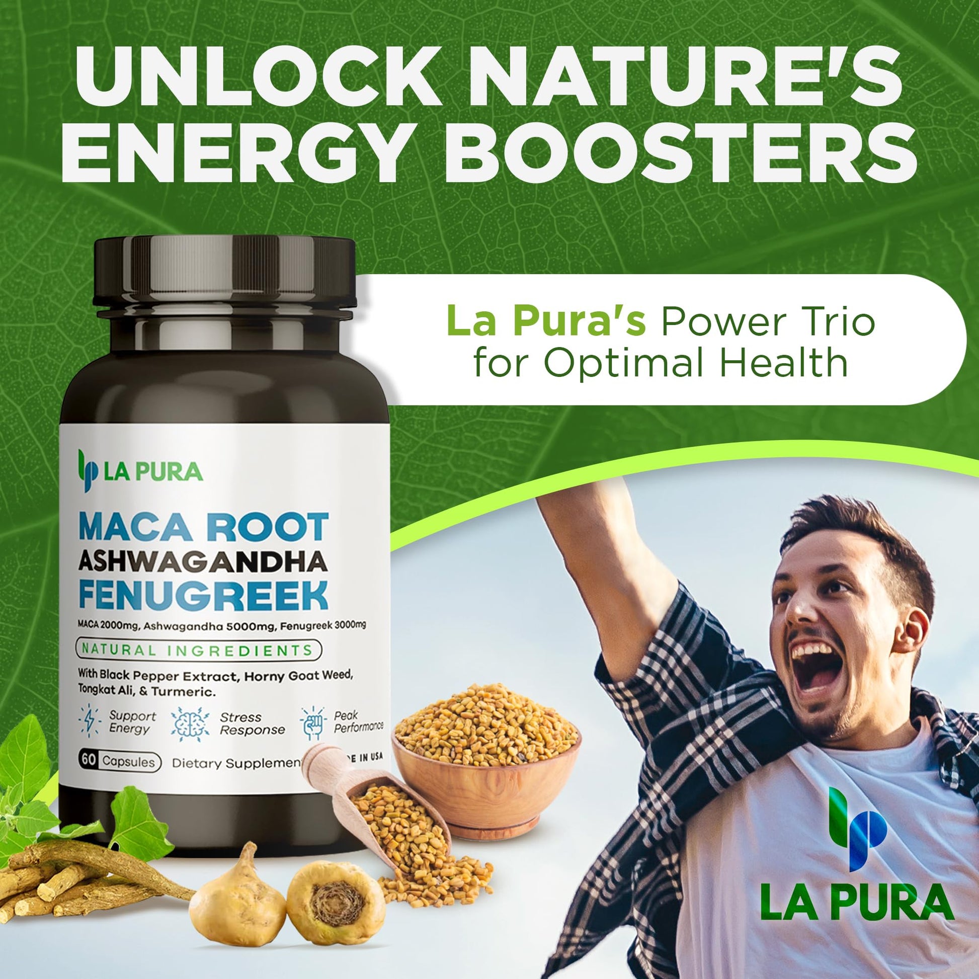 LaPura Ashwagandha 5000mg Maca Root 2000mg Fenugreek 3000mg Supplement LaPura uk supplements