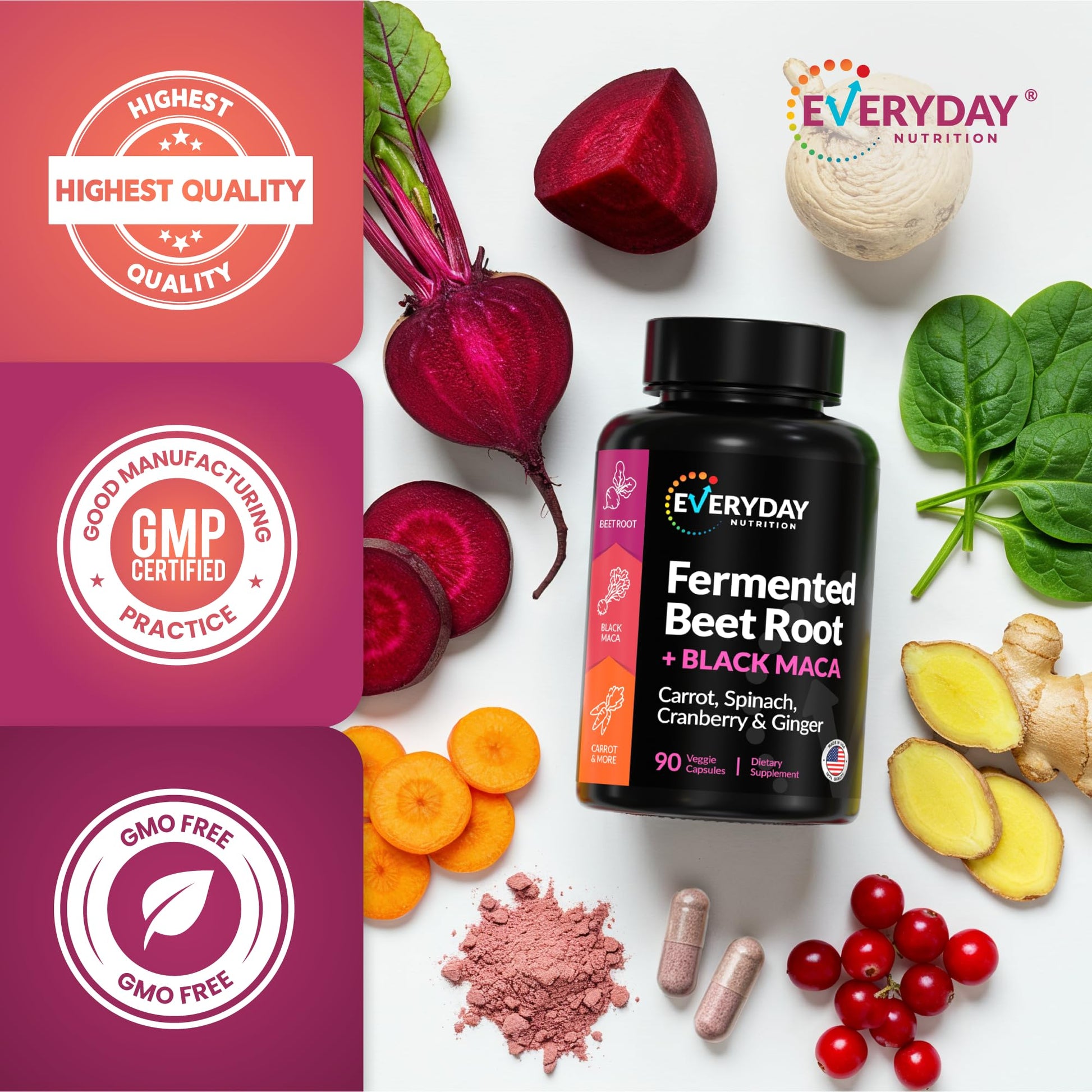 EVERYDAY NUTRITION Organic Fermented Beet Root & Black Maca Capsules with Carrot, Spinach, Cranberry & Ginger | Superfood for Energy, Stamina & Wellness | 90 Veggie Capsules | Made in USA EVERYDAY NUTRITION uk supplements